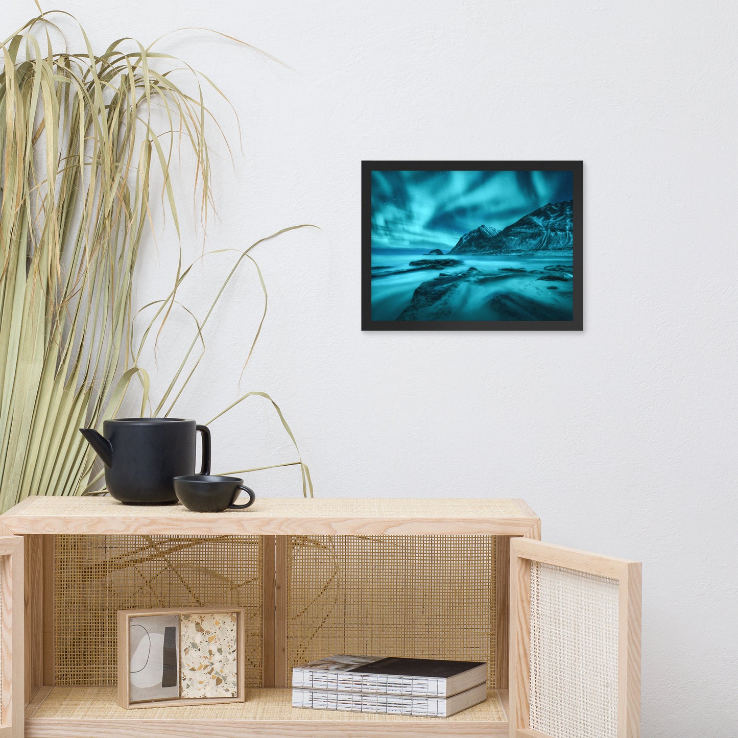 Blue Northern Lights and Mountain Coast Framed Wall Art Prints