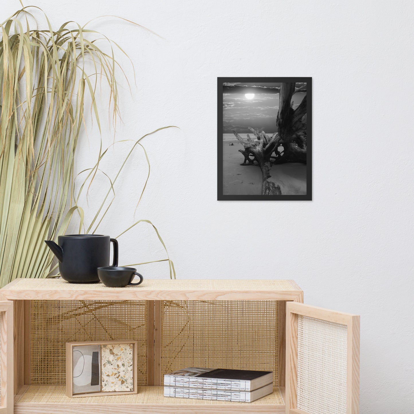 Dried Tree Roots and Sunrise 2 Black and White Landscape Photo Framed Wall Art Print