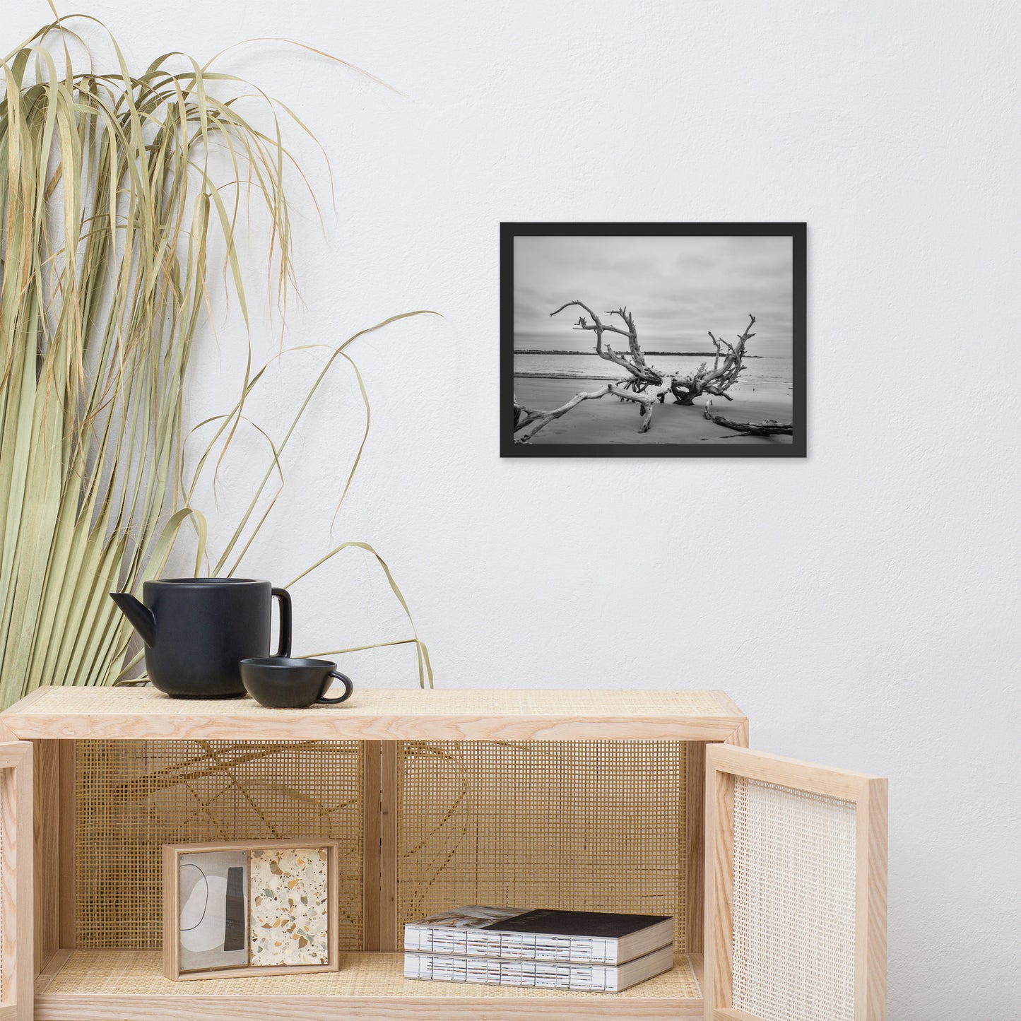 Driftwood on Boneyard Beach Florida 3 Black and White Rustic Coastal Landscape Photo Framed Wall Art Print