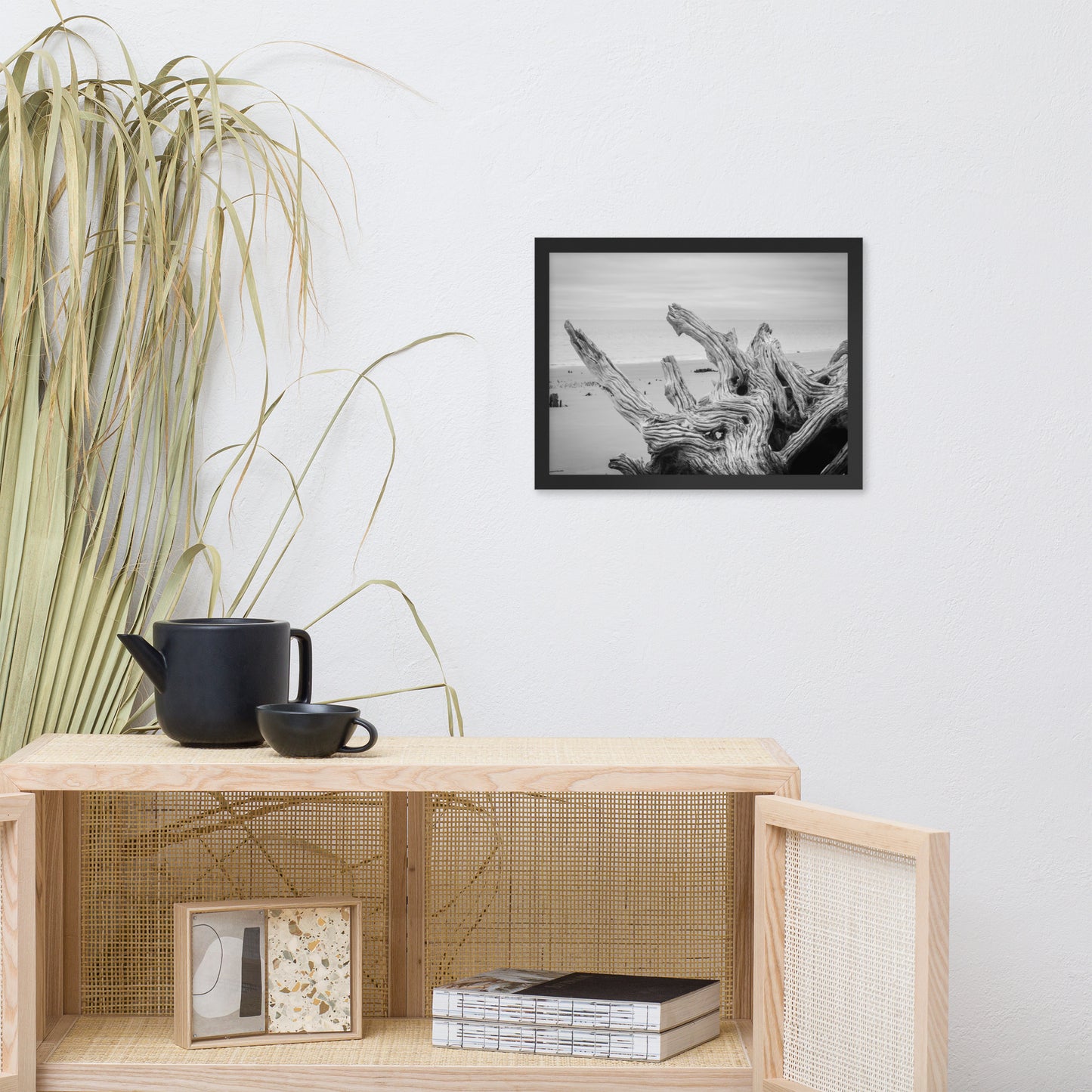 Driftwood on Boneyard Beach Florida 4 Black and White Coastal Landscape Photo Framed Wall Art Print