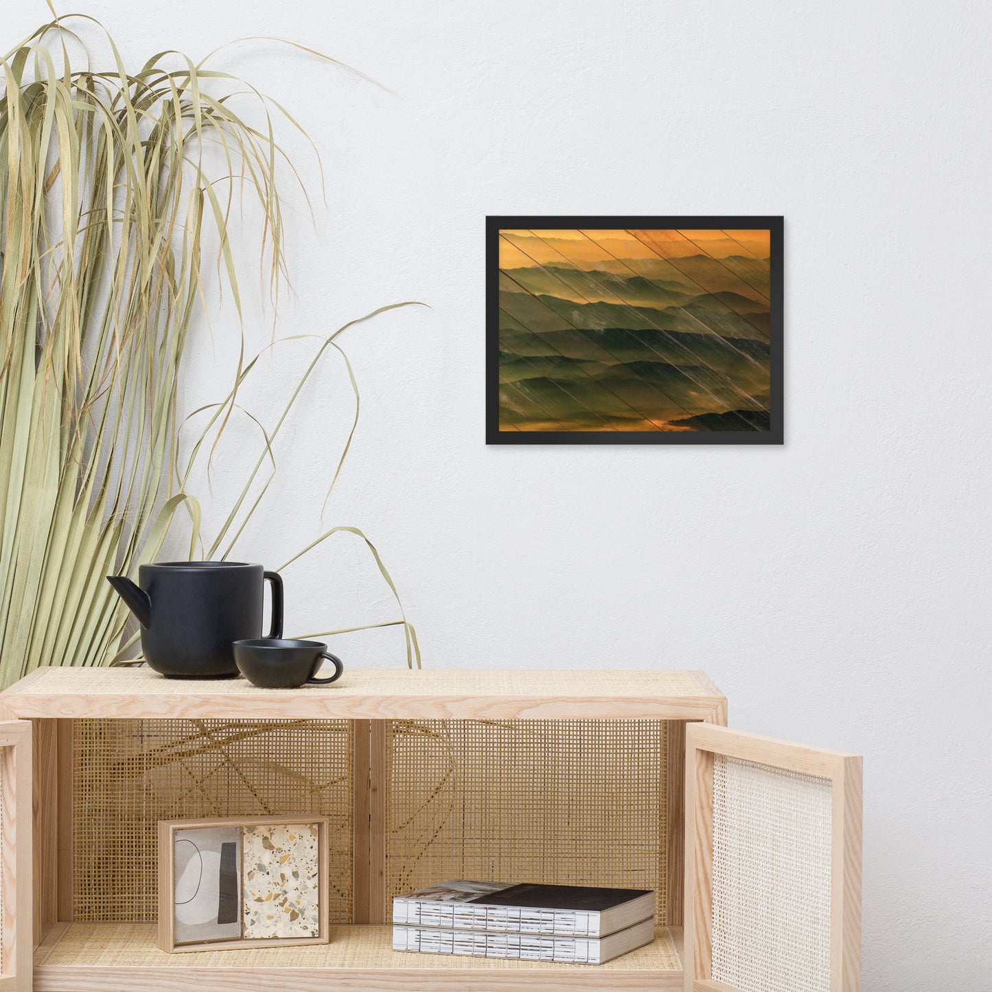 Faux Wood Foggy Mountain Layers at Sunset Landscape Framed Photo Paper Wall Art Prints