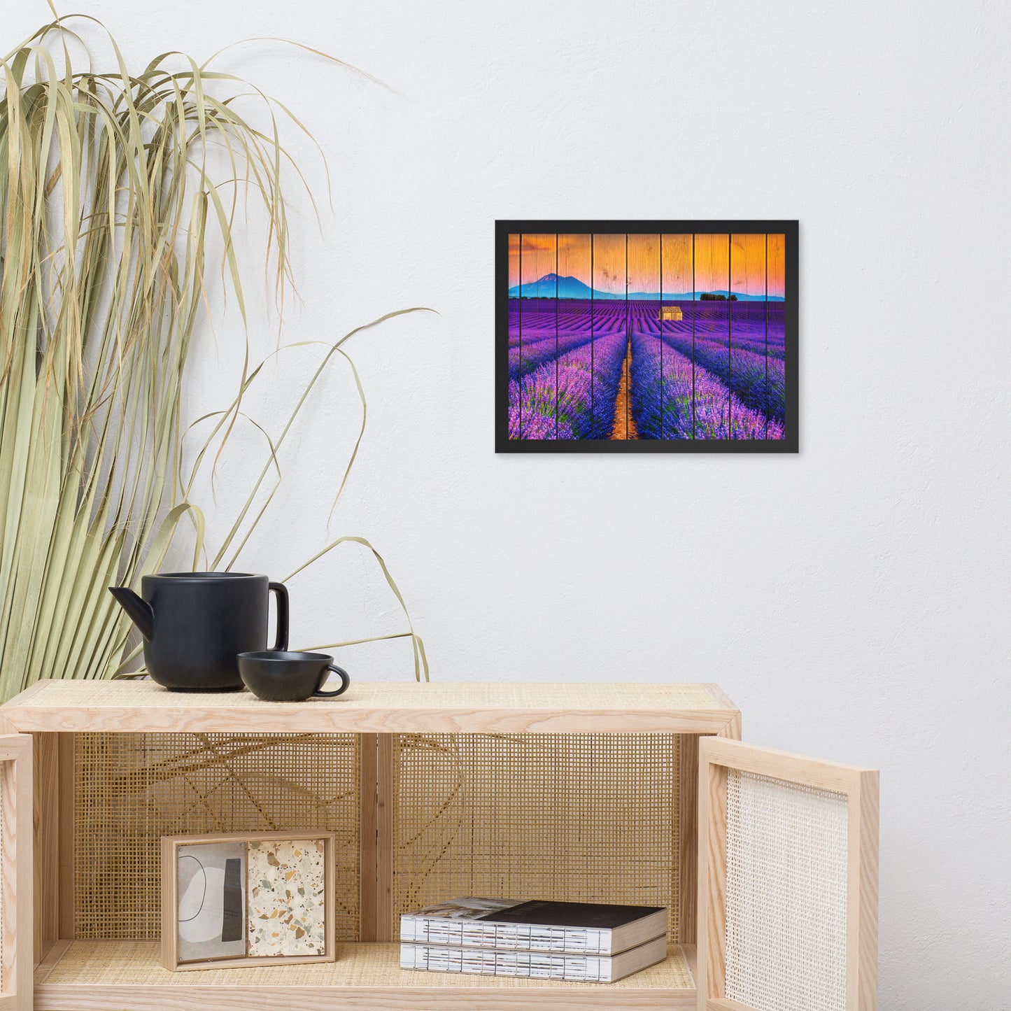 Faux Wood Lavender Fields and Sunset Landscape Framed Photo Paper Wall Art Prints