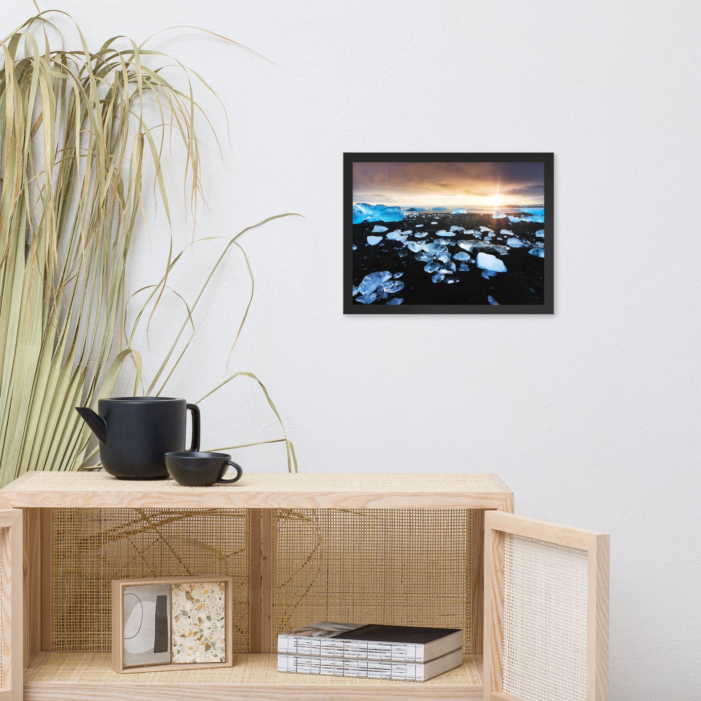 Fire and Ice Black Sand Sunset Coastal Landscape Framed Photo Paper Wall Art Prints