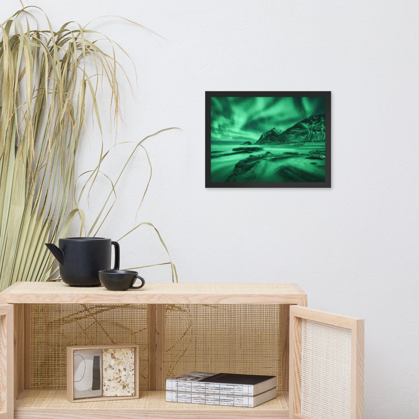 Green Northern Lights and Mountain Coast Framed Wall Art Prints