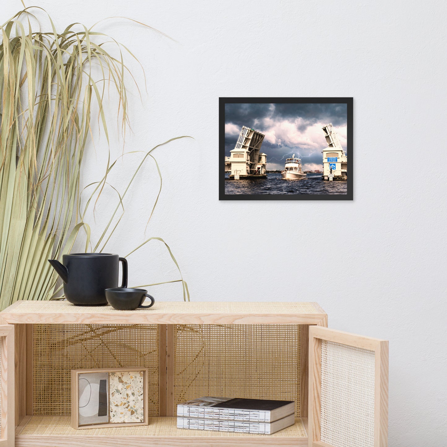 Stormy Drawbridge and Boat Racing Towards the Sun Coastal Landscape Photograph Framed Wall Art Print