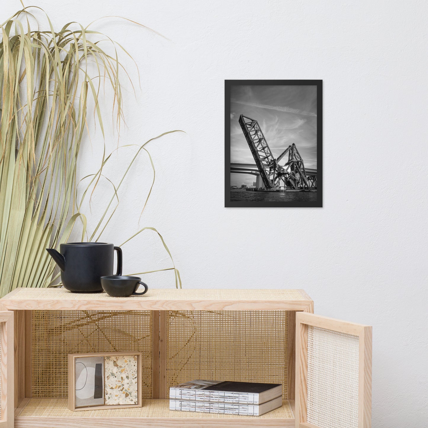 Train Drawbridge Jacksonville 2 Black and White Framed Wall Art Print