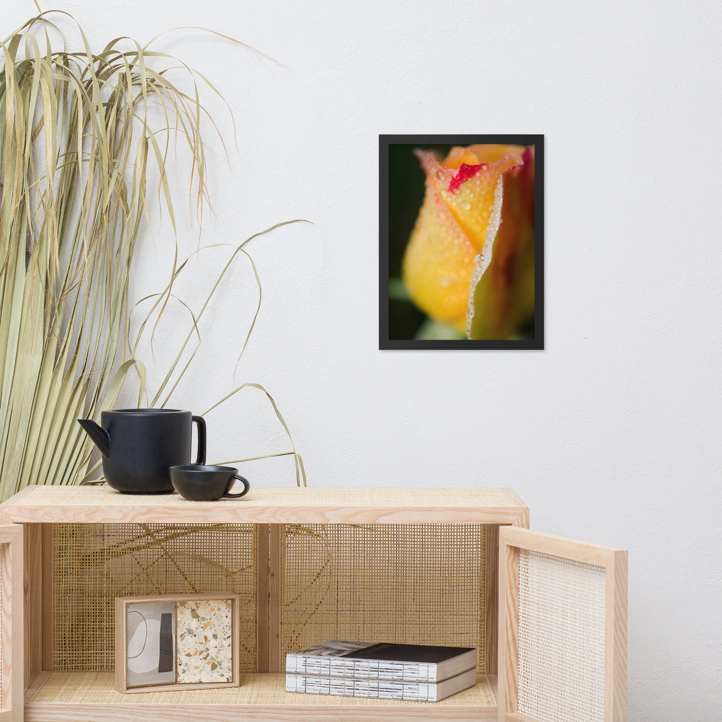 Dew on Yellow Rose Floral Nature Photo Framed Wall Art Print