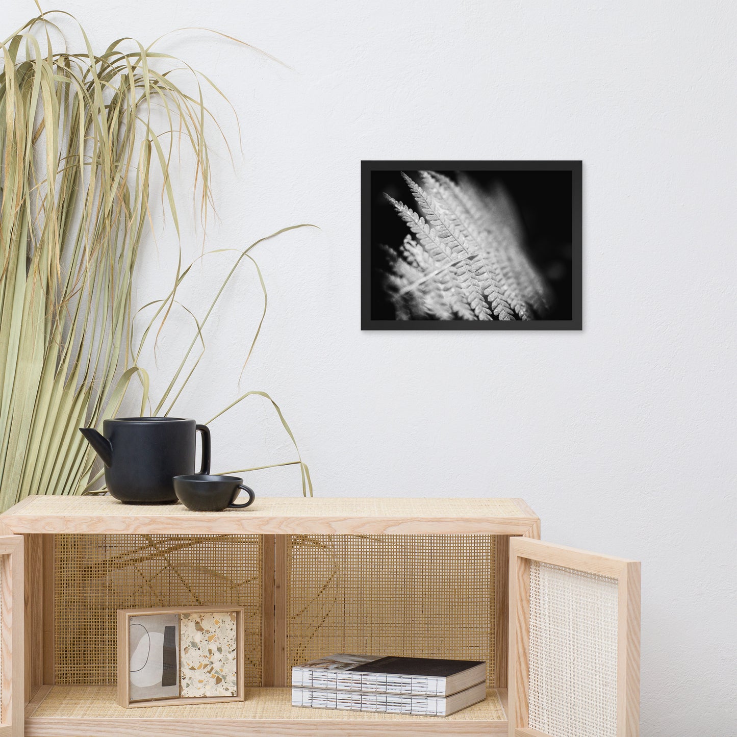Fern Leaf in the Sunlight Black and White Botanical Nature Photo Framed Wall Art Print