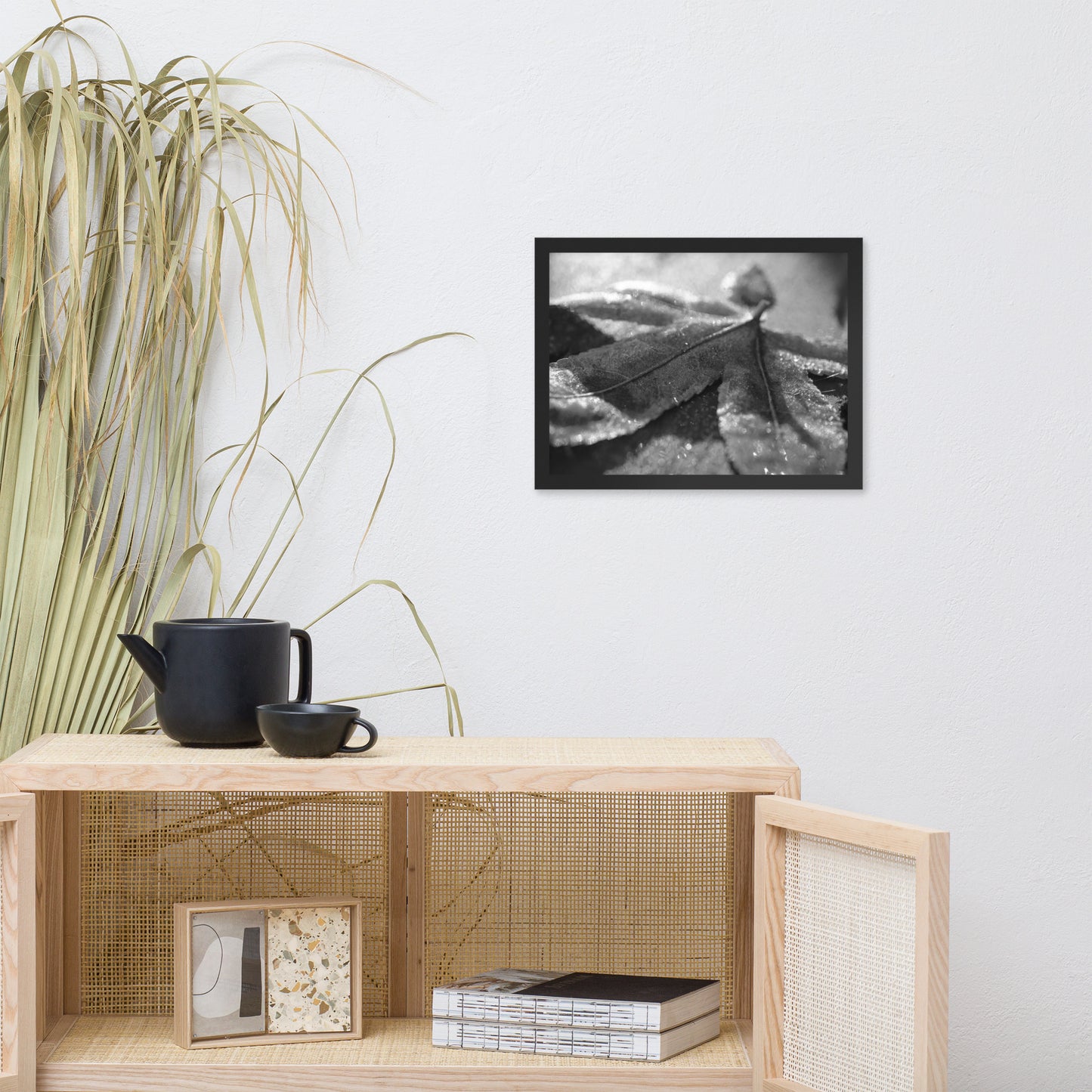 Frost Covered Leaf Black and White Botanical Nature Photo Framed Wall Art Print