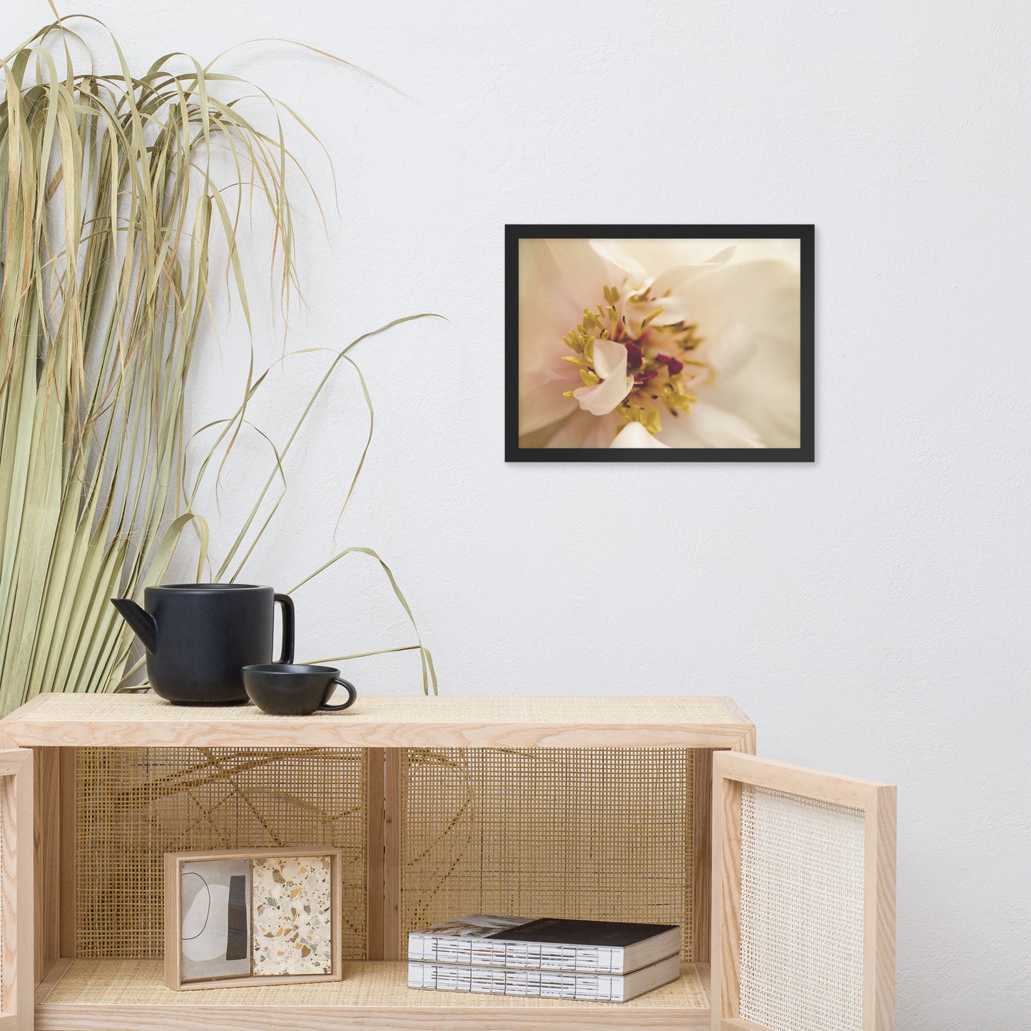 Eye of Peony Moody Midnight Floral Nature Photo Framed Wall Art Print