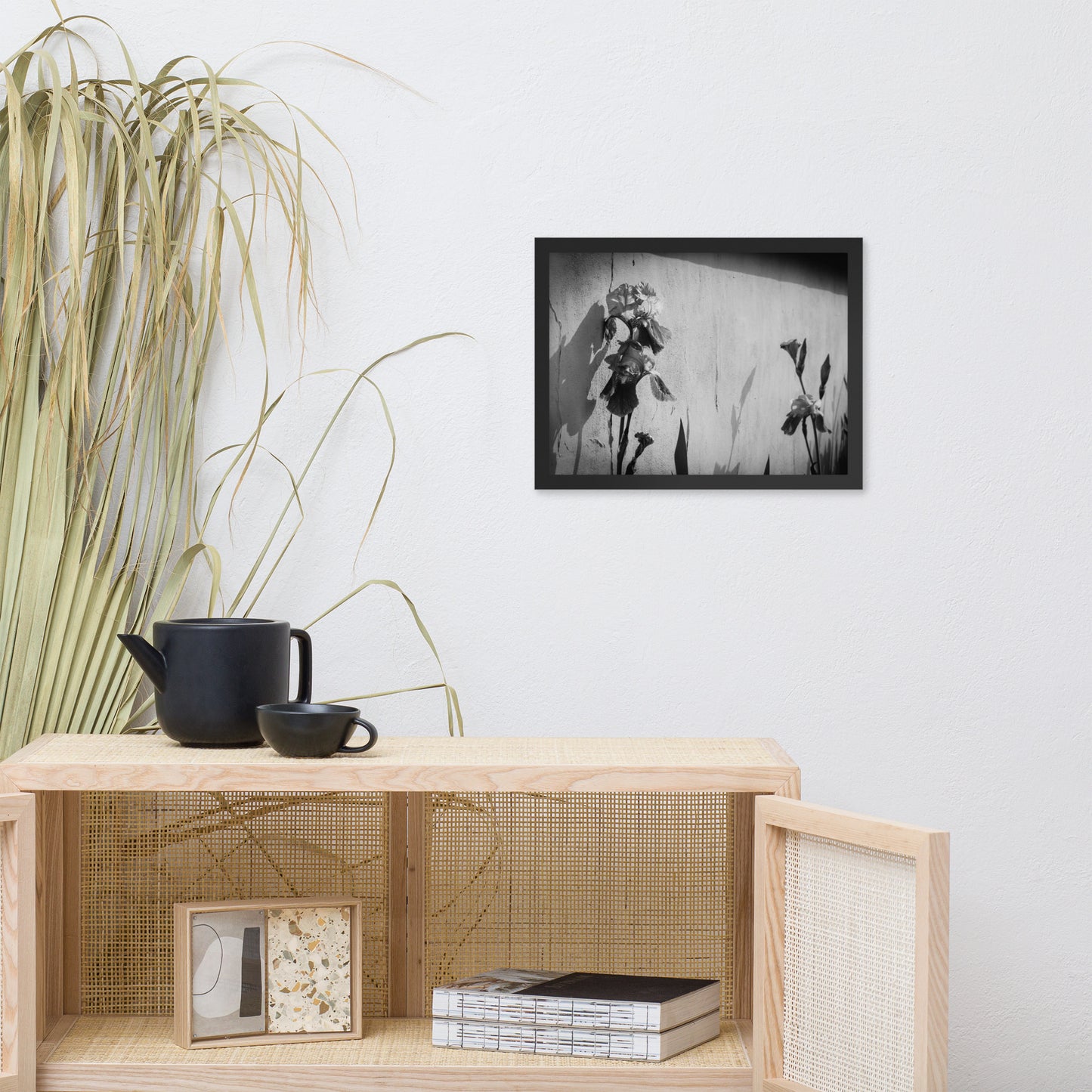 Iris on Wall Black and White Floral Nature Photo Framed Wall Art Print