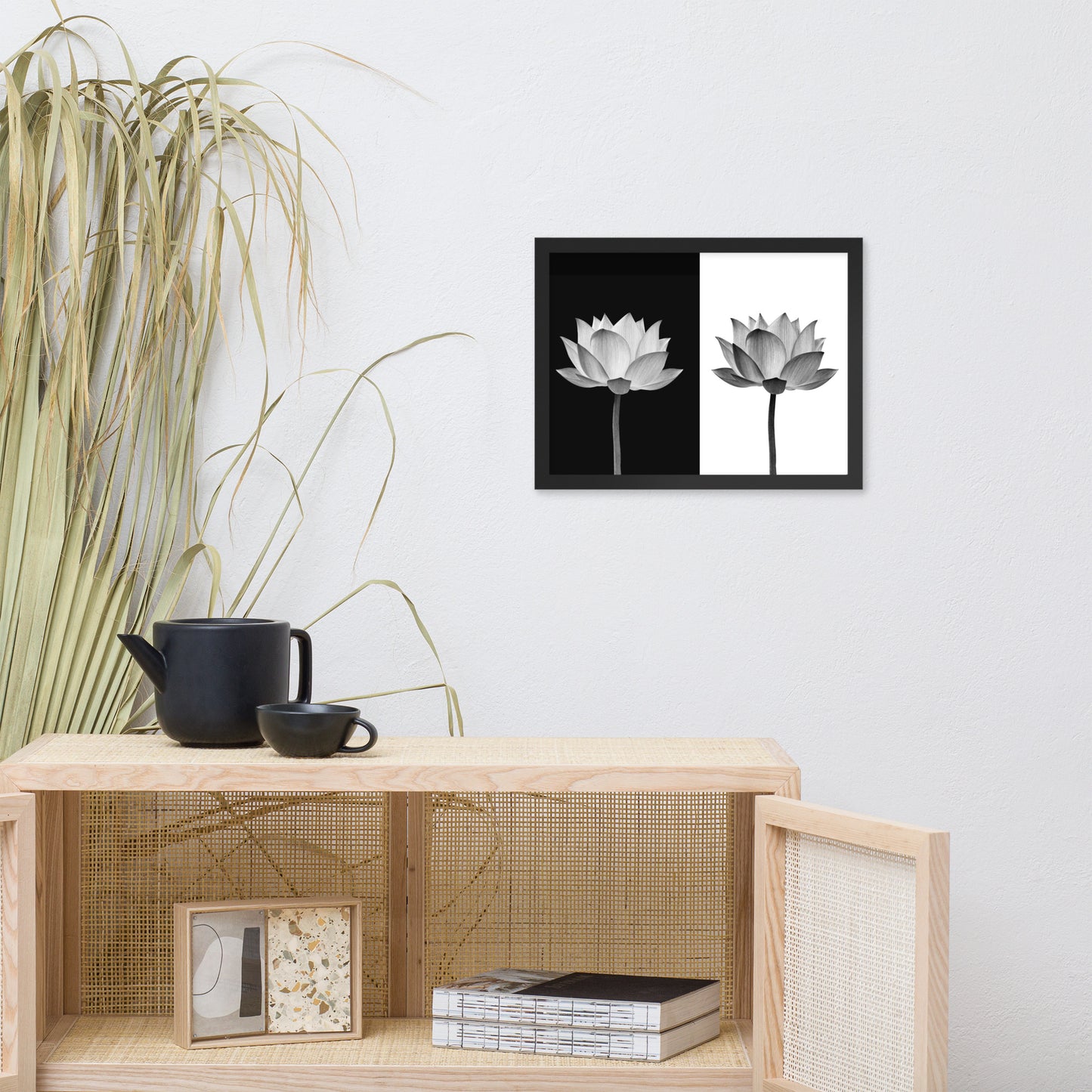 Lotus Flower on Black and White Background Floral Nature Framed Photo Paper Poster