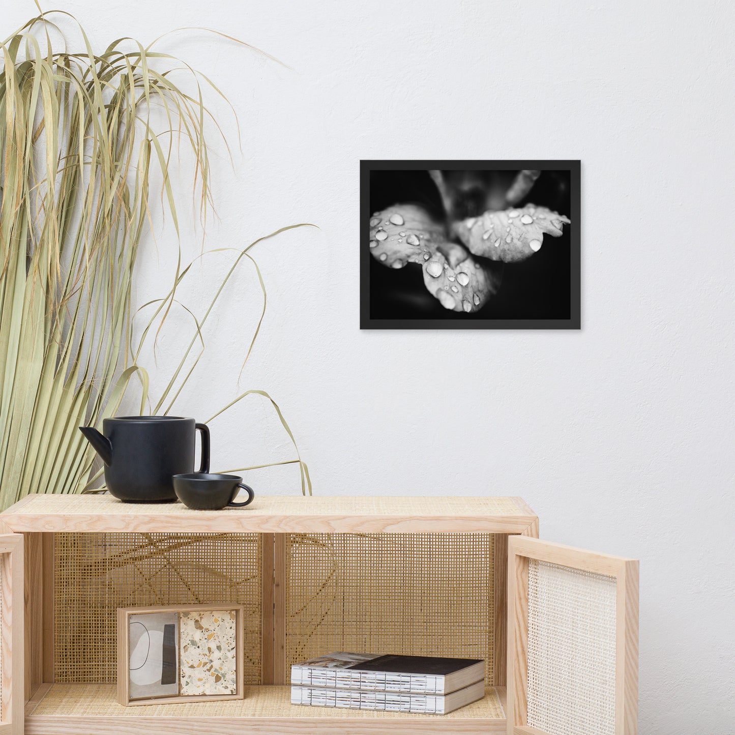 Raindrops on Wild Rose Black and White Floral Nature Photo Framed Wall Art Print
