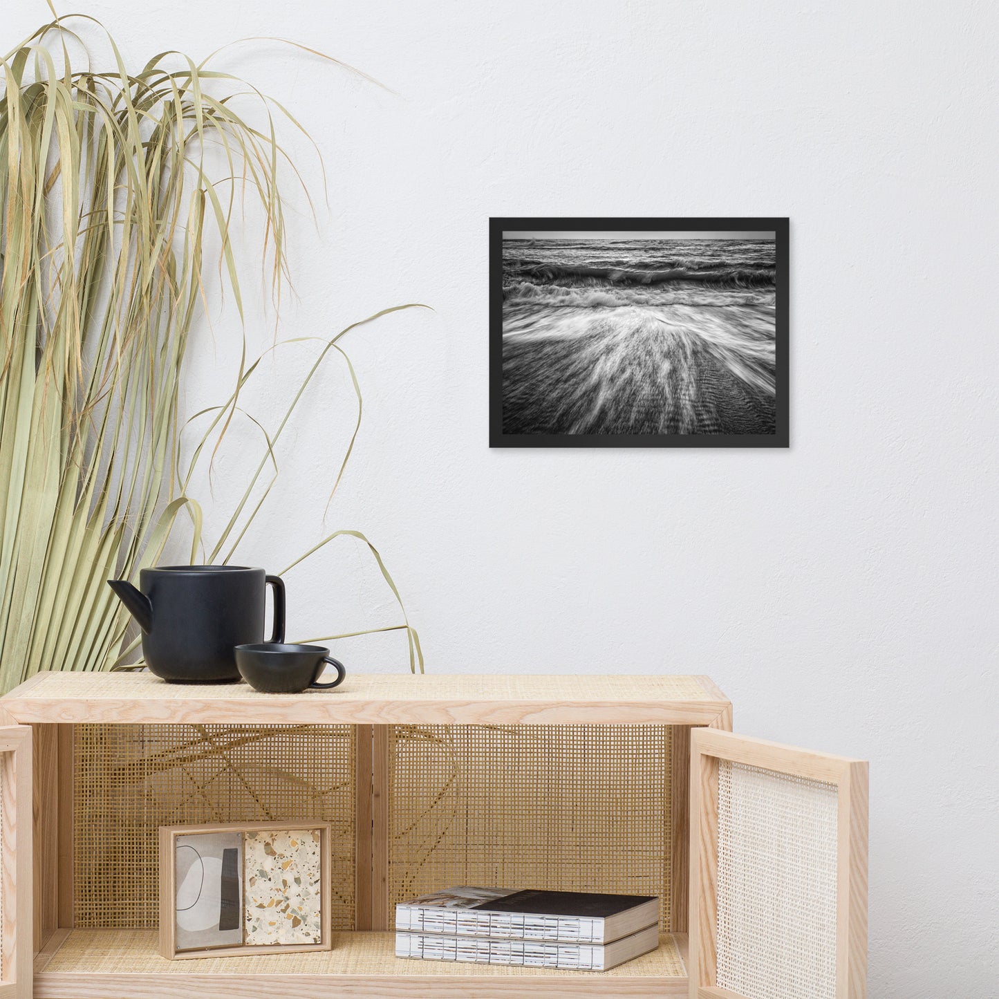 Washing Out to Sea Black and White Coastal Nature Photo Framed Wall Art Print