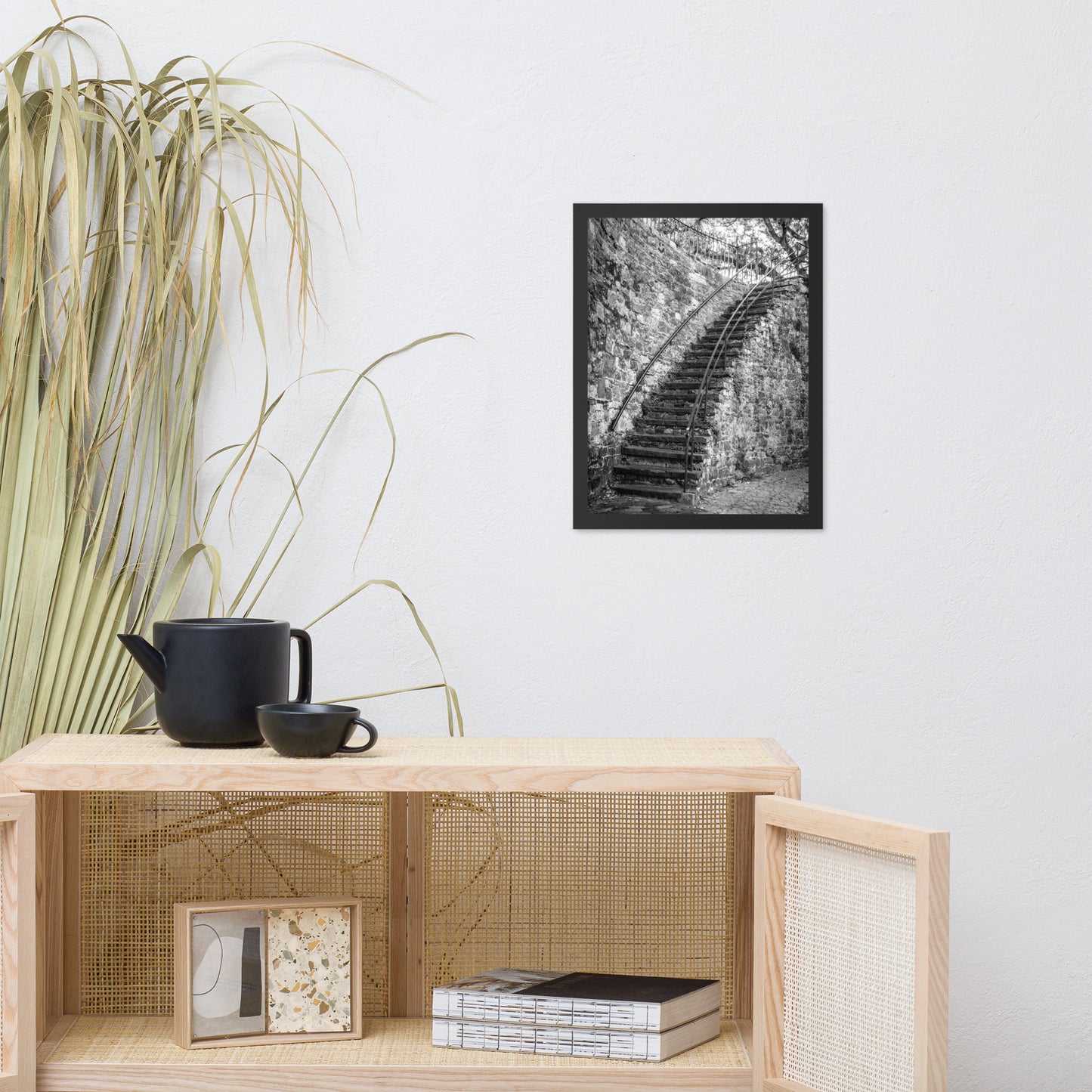 Black and White Old Stone Stairs River Street Savannah Ga Framed Wall Art Print