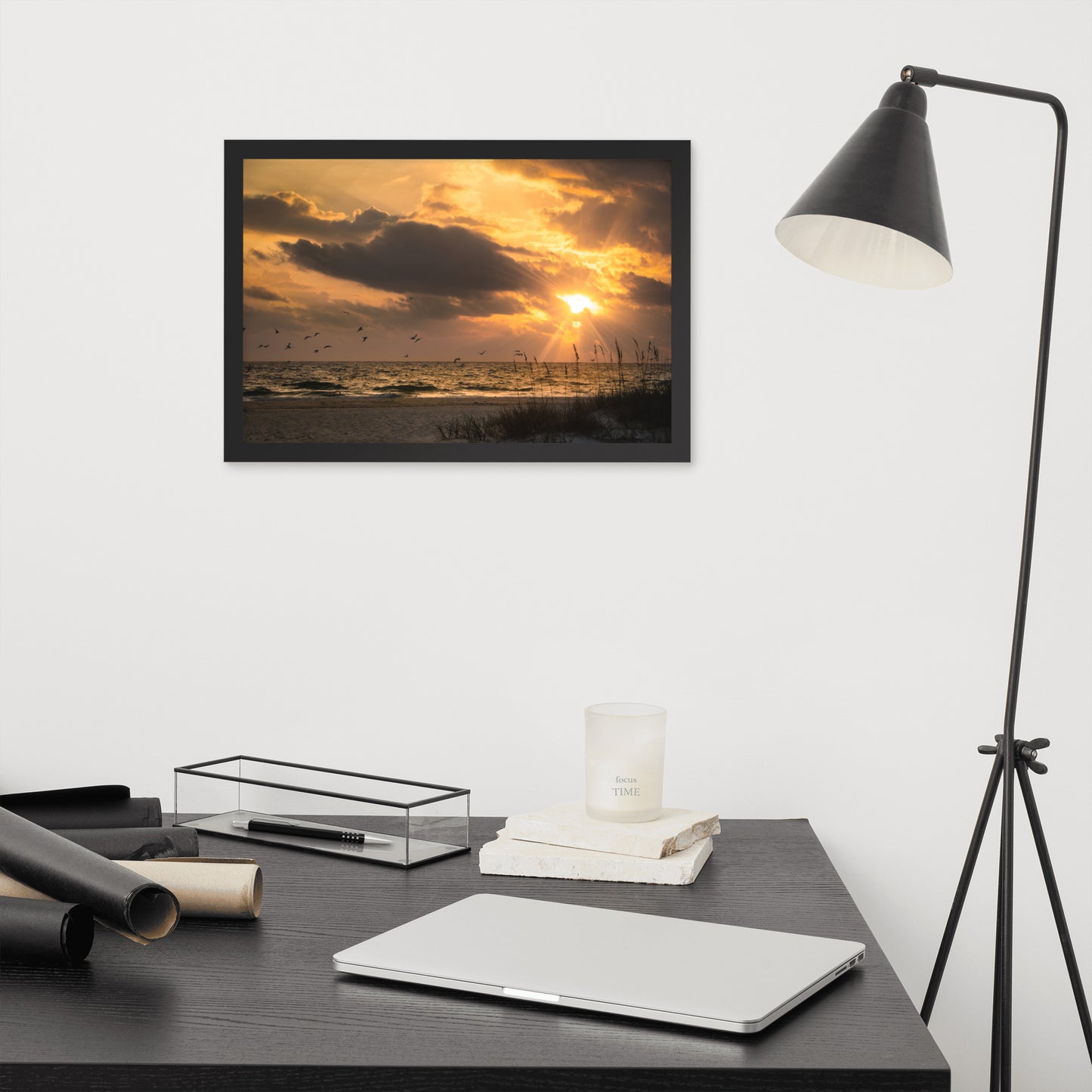 Masculine Office Artwork: Anna Maria Island Cloudy Beach Sunset 1 - Coastal / Beach / Seascape / Nature / Landscape Photo Framed Wall Art Print - Artwork