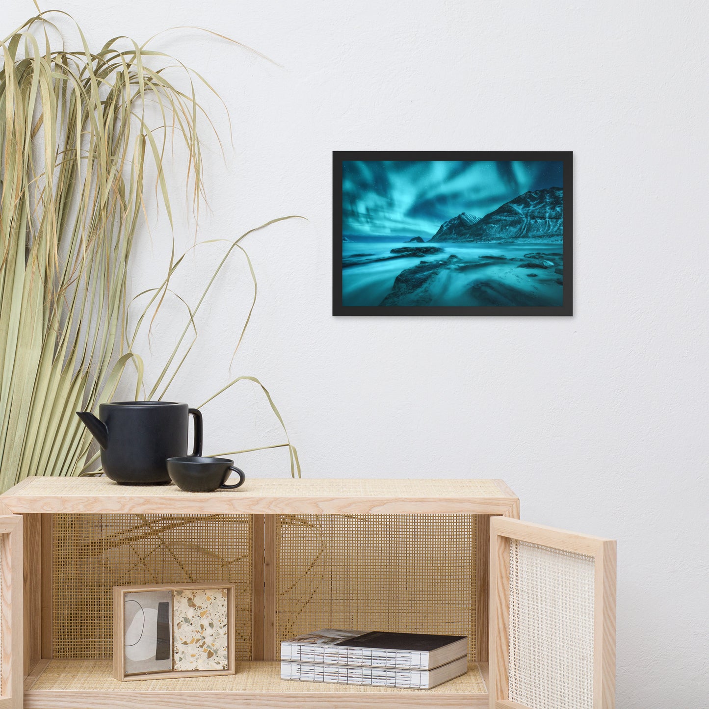 Blue Northern Lights and Mountain Coast Framed Wall Art Prints