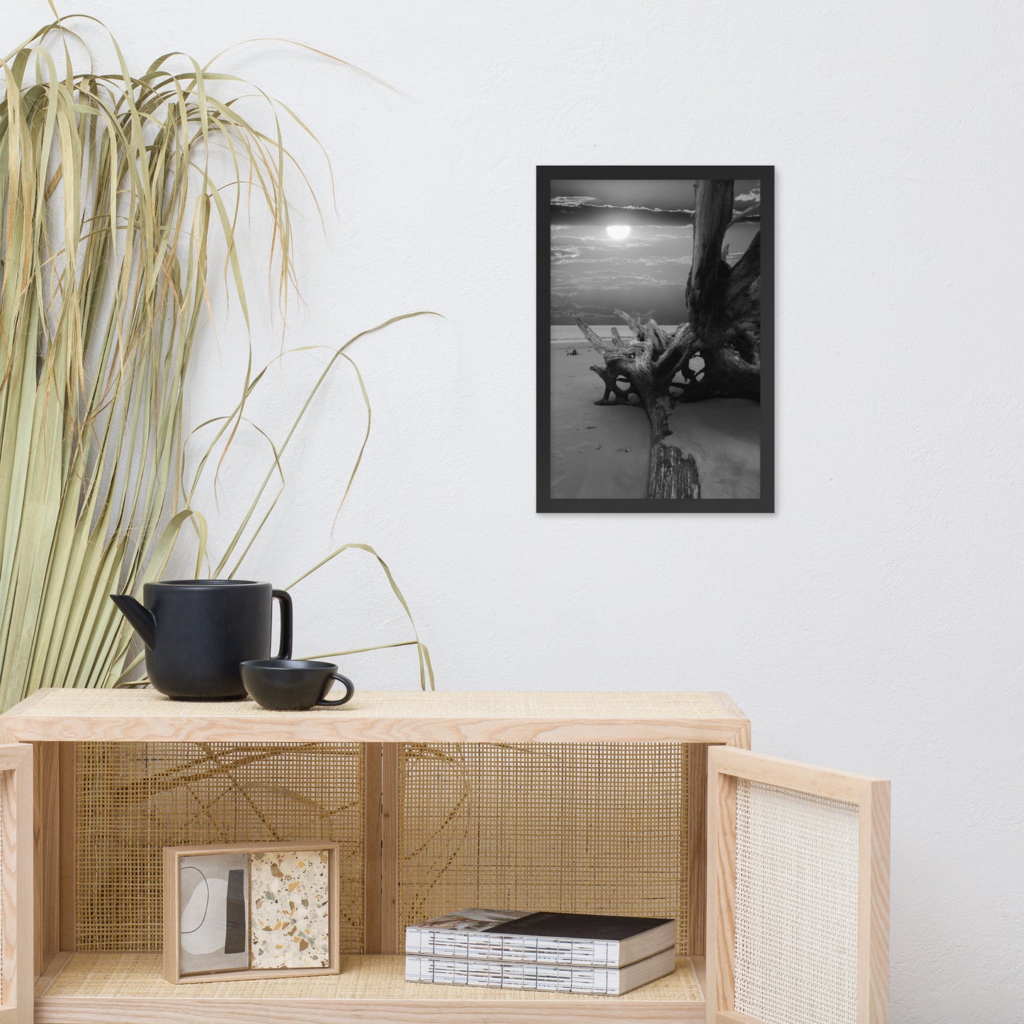 Dried Tree Roots and Sunrise 2 Black and White Landscape Photo Framed Wall Art Print