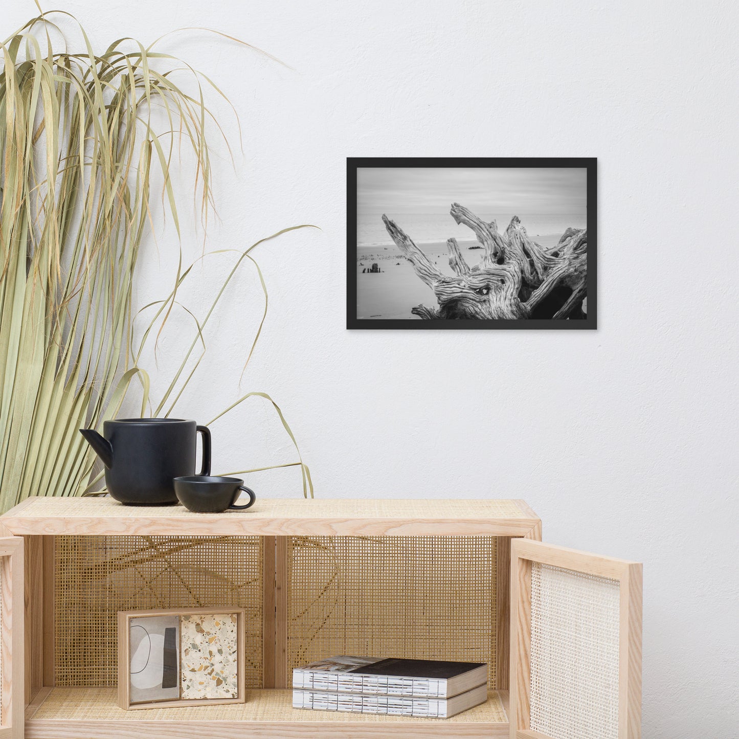 Driftwood on Boneyard Beach Florida 4 Black and White Coastal Landscape Photo Framed Wall Art Print