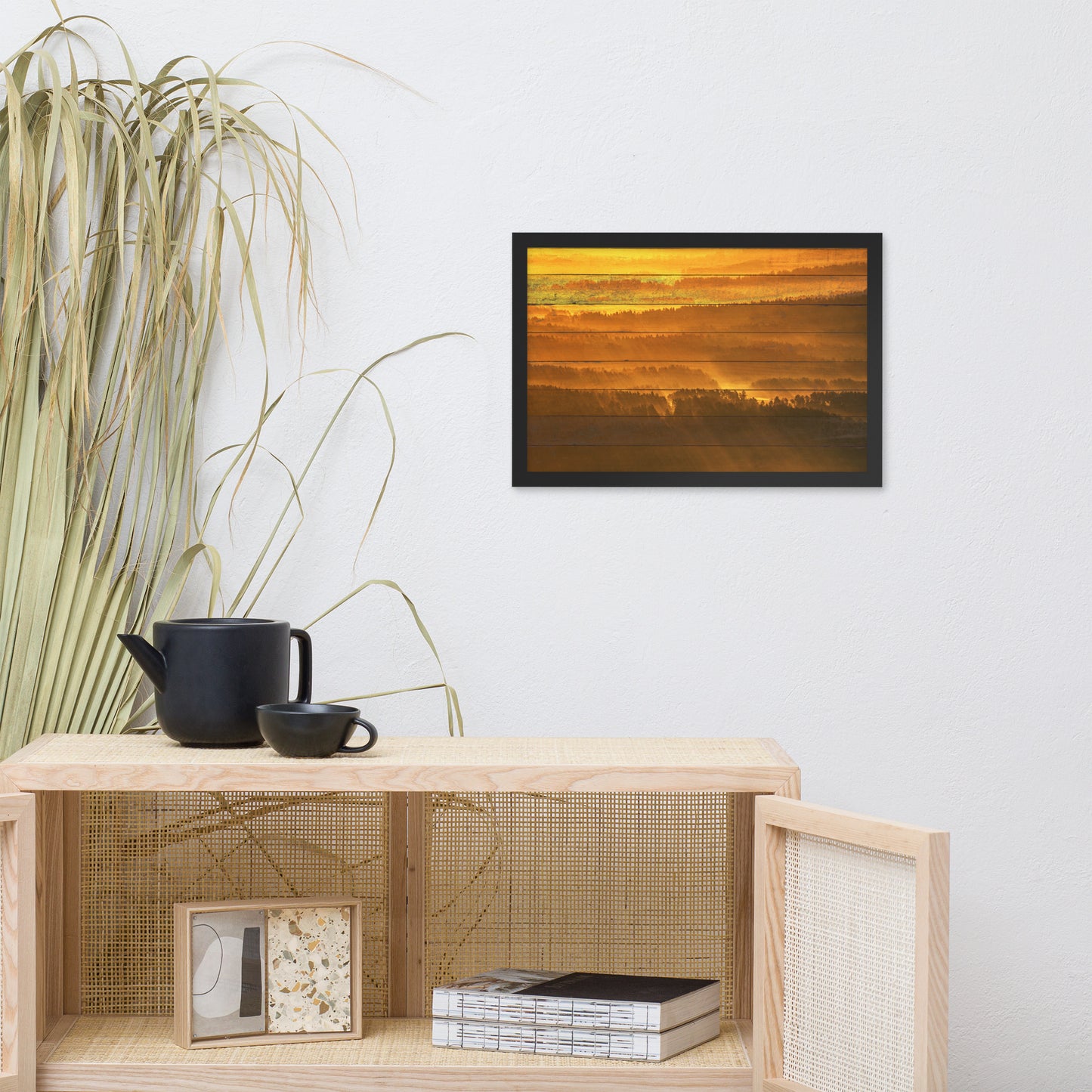 Faux Wood Golden Mist Valley - Hills & Mountain Range Framed Photo Wall Art Prints