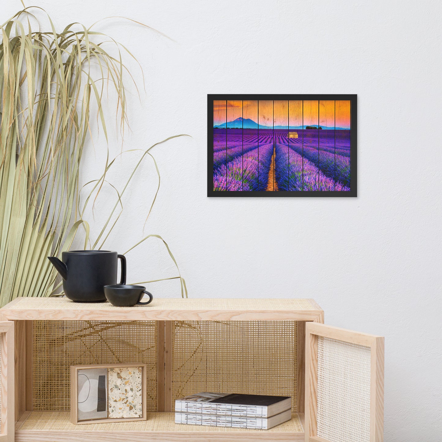 Faux Wood Lavender Fields and Sunset Landscape Framed Photo Paper Wall Art Prints