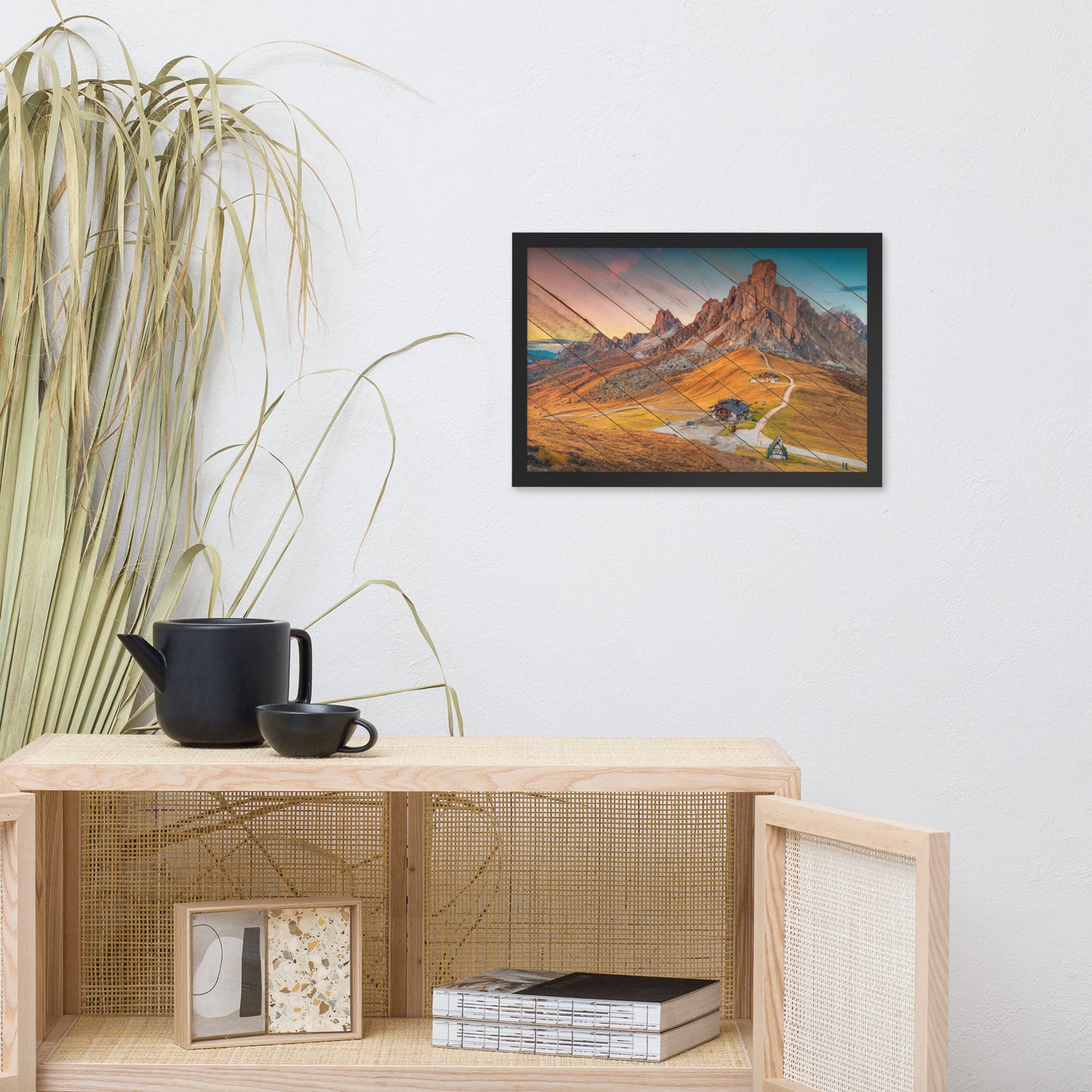 Faux Wood Majestic Sunset & Alpine Mountain Framed Photo Paper Wall Art Prints