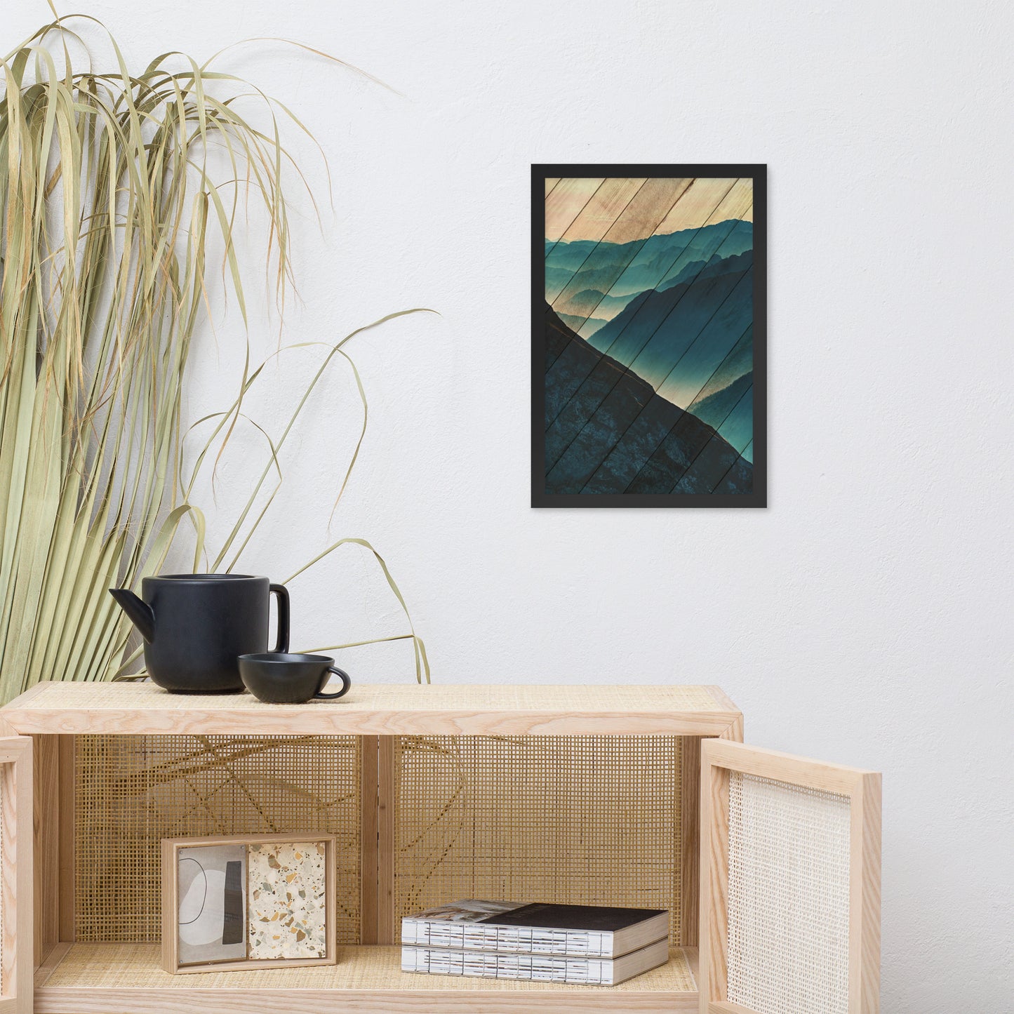 Faux Wood Misty Blue Silhouette Mountain Range Landscape Framed Photo Paper Wall Art Prints