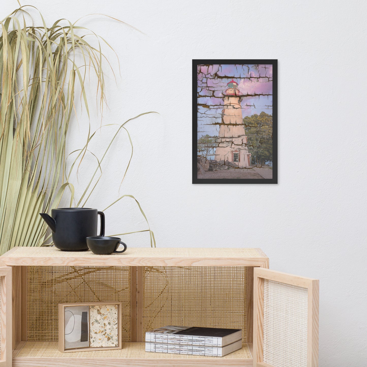 Faux Wood Texture Marblehead Lighthouse at Sunset Framed Photo Paper Wall Art Prints