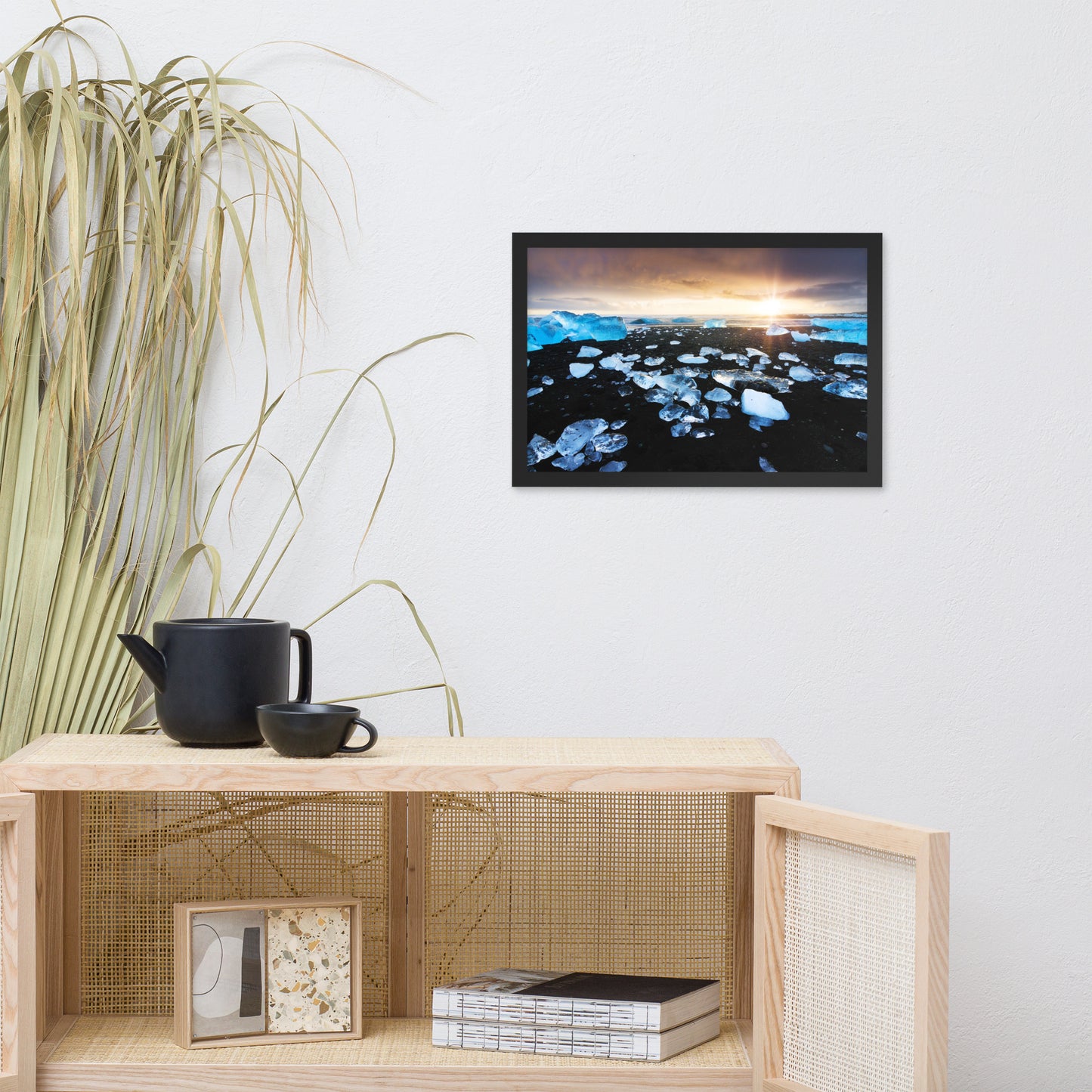Fire and Ice Black Sand Sunset Coastal Landscape Framed Photo Paper Wall Art Prints