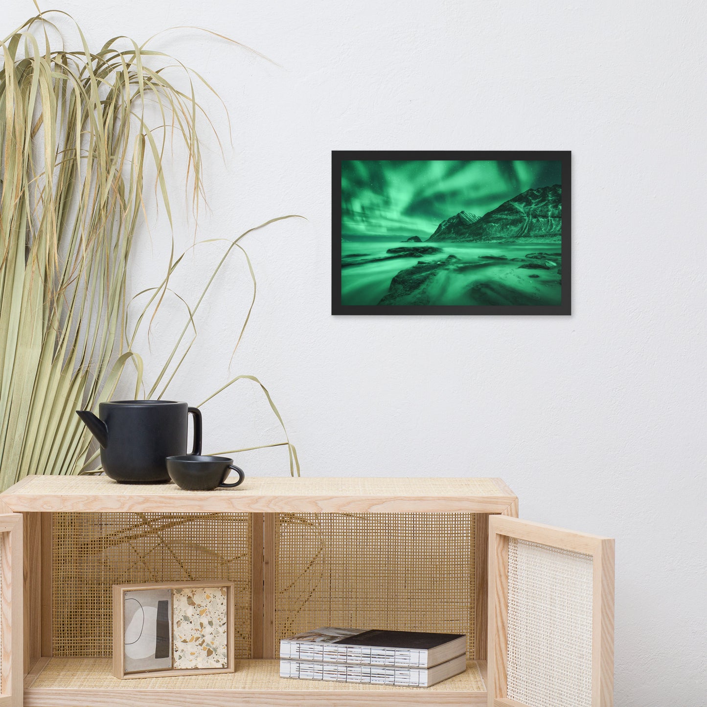 Green Northern Lights and Mountain Coast Framed Wall Art Prints