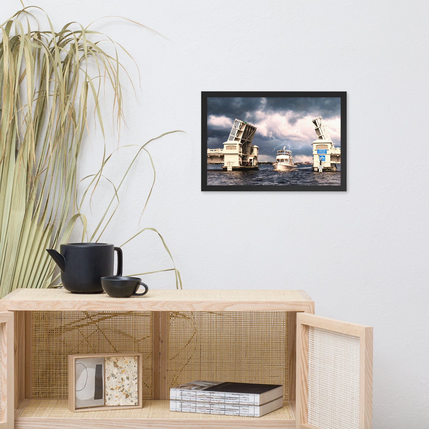 Stormy Drawbridge and Boat Racing Towards the Sun Coastal Landscape Photograph Framed Wall Art Print