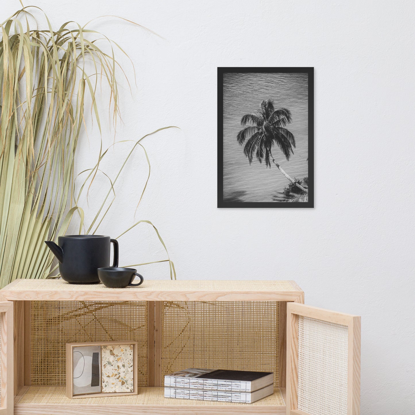 Palm Over Water Black and White Botanical Nature Photo Framed Wall Art Print