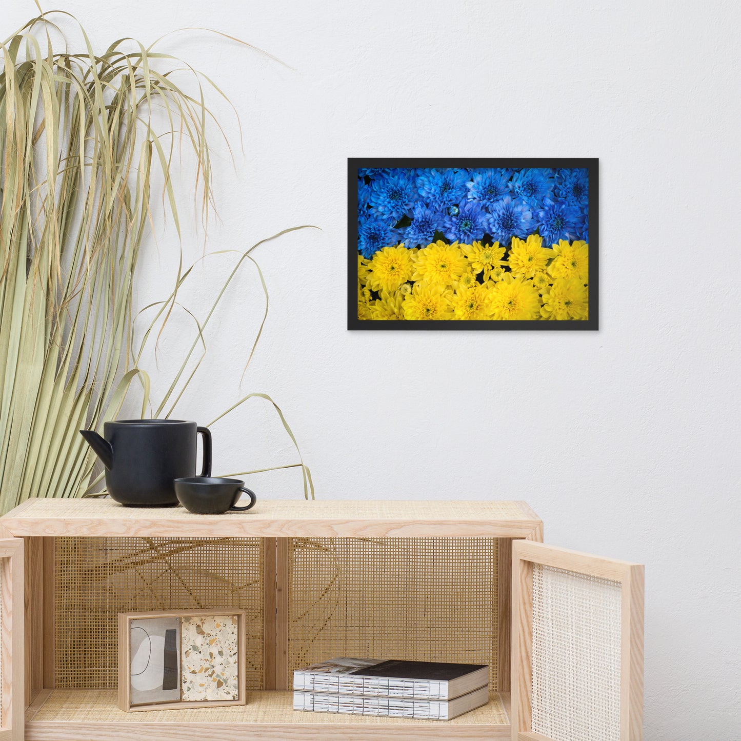 Blue and Yellow Chrysanthemums For Ukraine Refugees Nature Photo Framed Wall Art Print