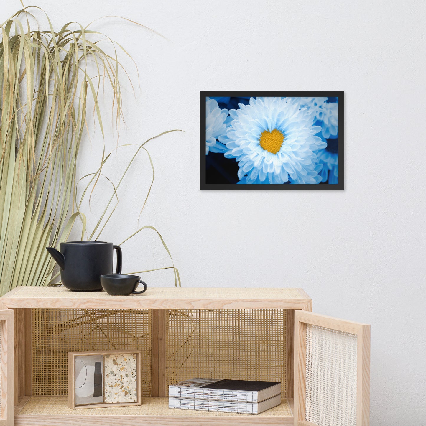 Blue Tinted Chrysanthemums For Ukraine Refugees Floral Nature Photo Framed Wall Art Print