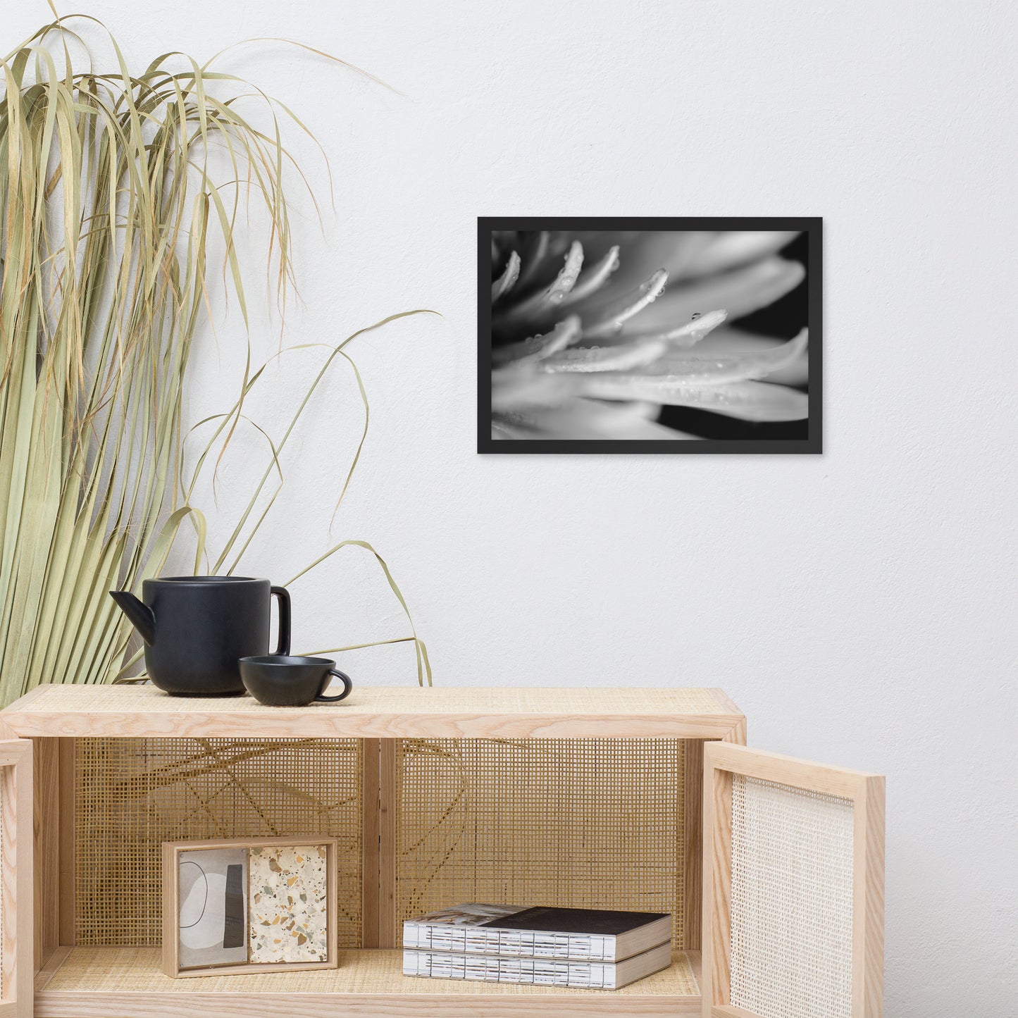 Droplets on Petals Black and White Floral Nature Photo Framed Wall Art Print