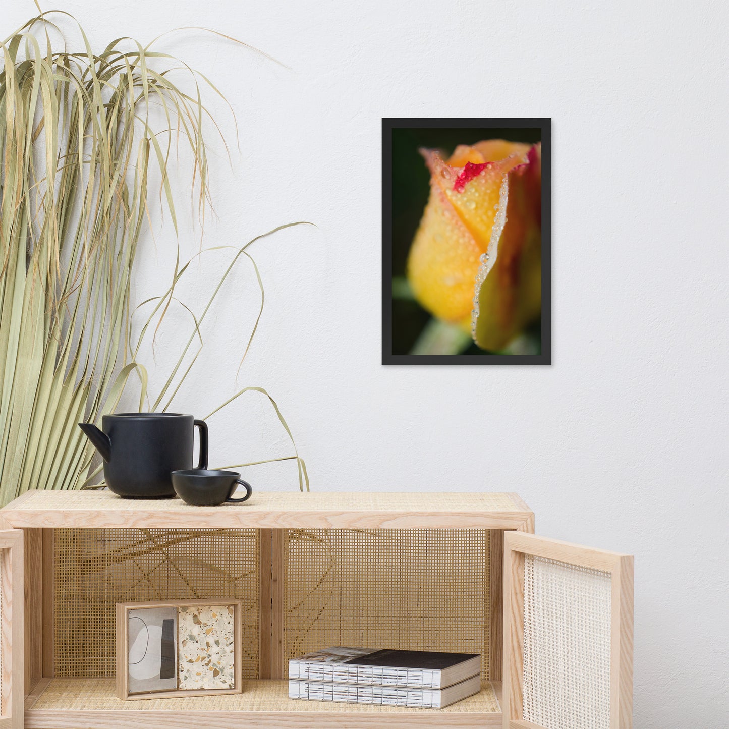 Dew on Yellow Rose Floral Nature Photo Framed Wall Art Print