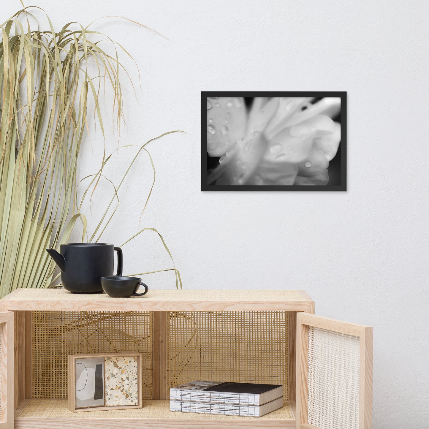 Delicate Rose Petals Black and White Floral Nature Photo Framed Wall Art Print