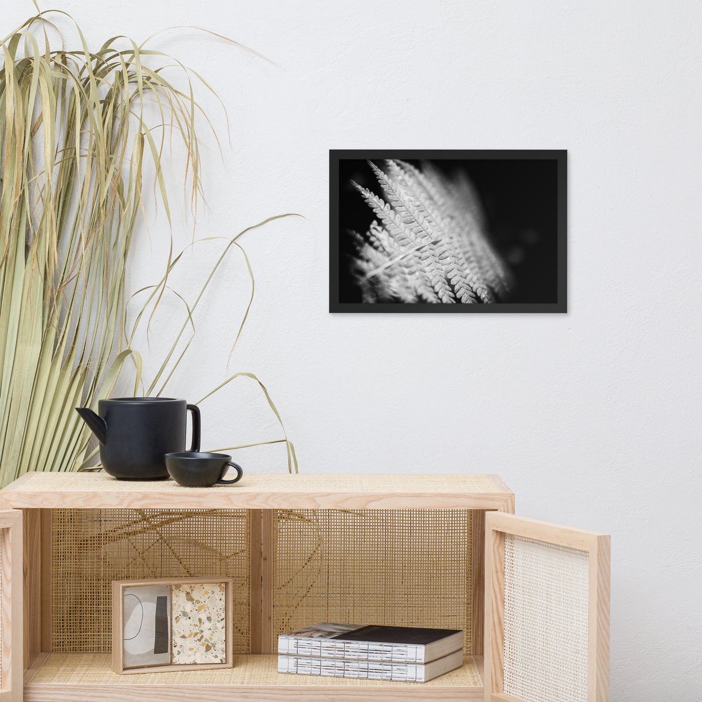 Fern Leaf in the Sunlight Black and White Botanical Nature Photo Framed Wall Art Print