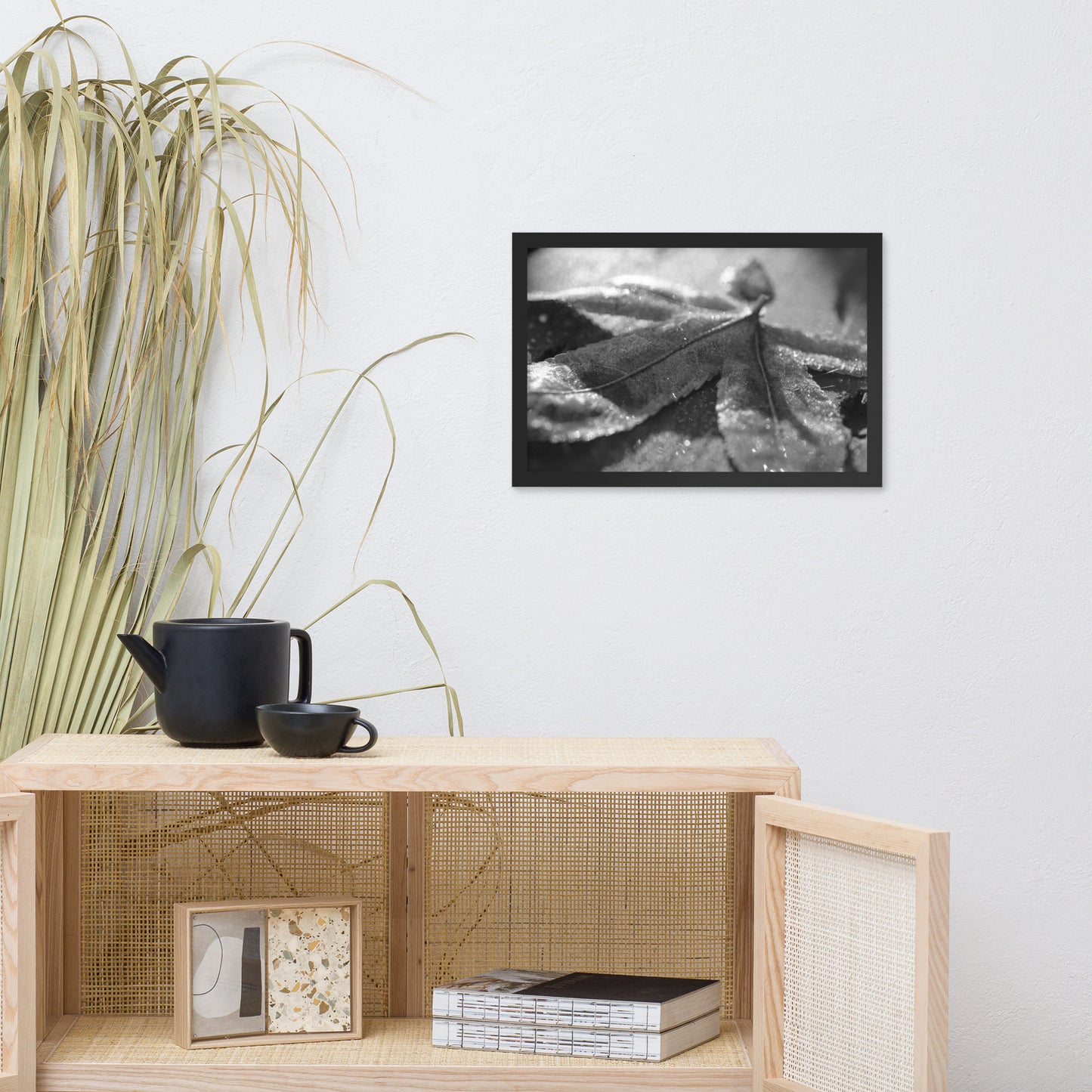 Frost Covered Leaf Black and White Botanical Nature Photo Framed Wall Art Print