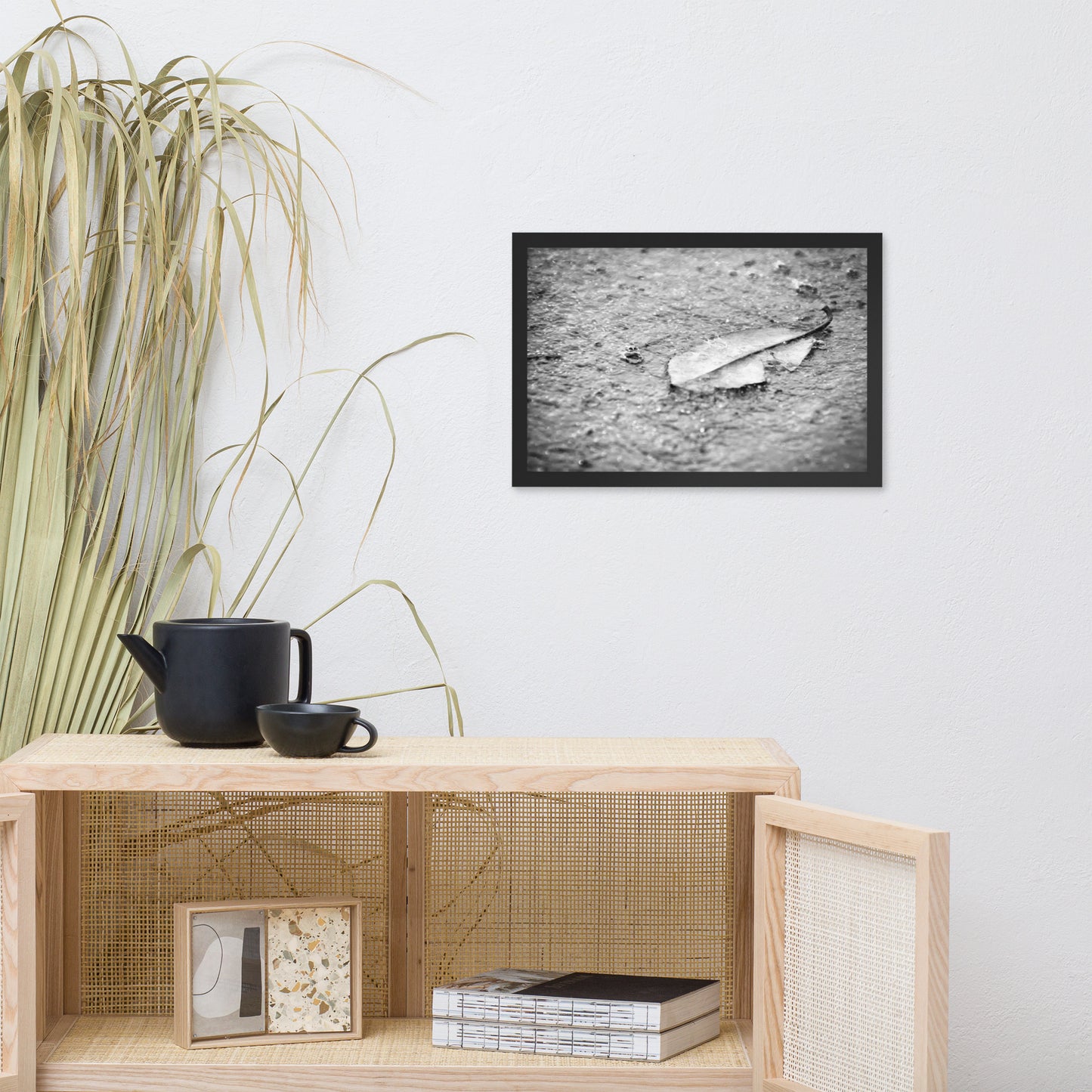 Fallen Leaf in The Rain Black and White Botanical Nature Photo Framed Wall Art Print