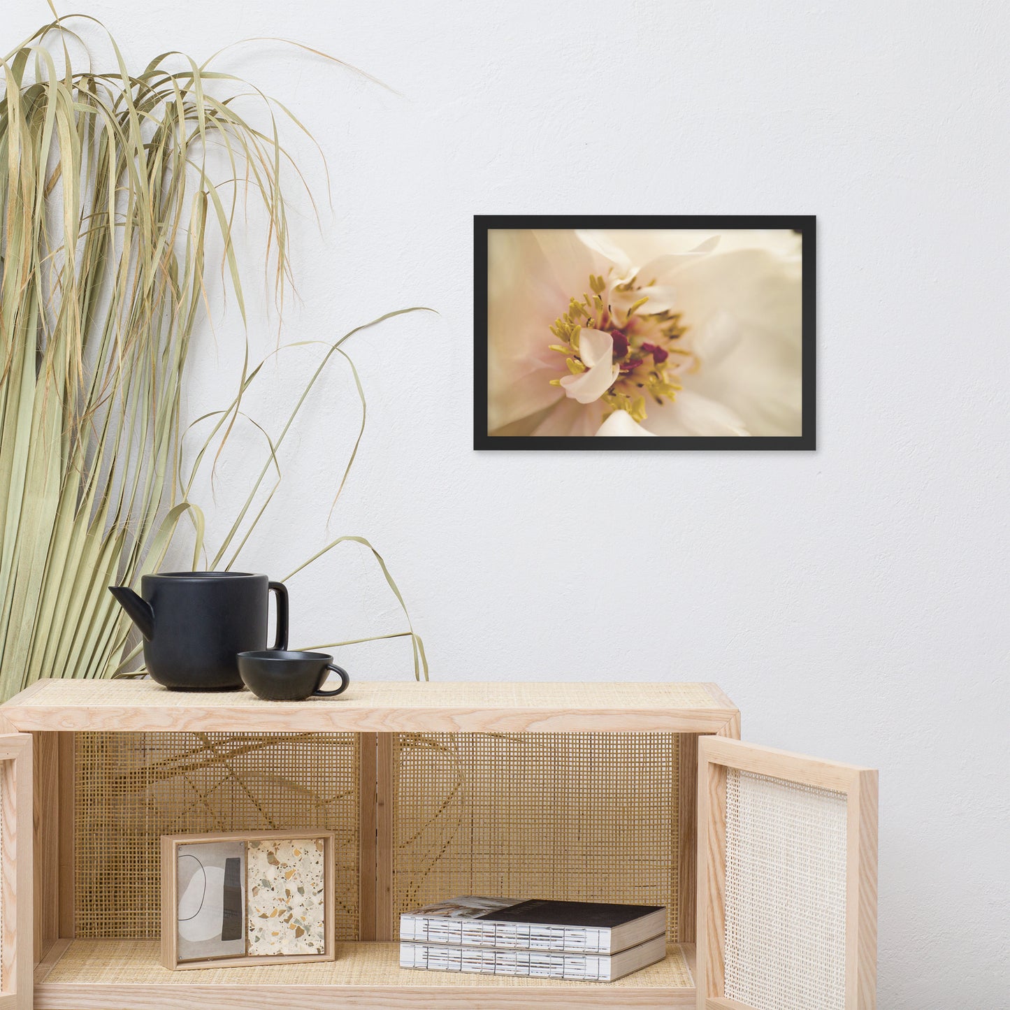 Eye of Peony Moody Midnight Floral Nature Photo Framed Wall Art Print