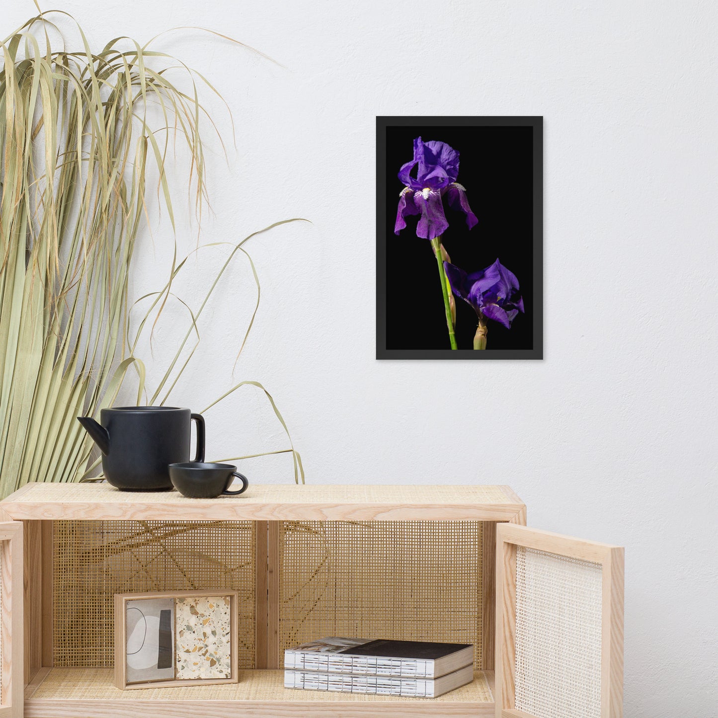 Iris on Black Floral Nature Photo Framed Wall Art Print