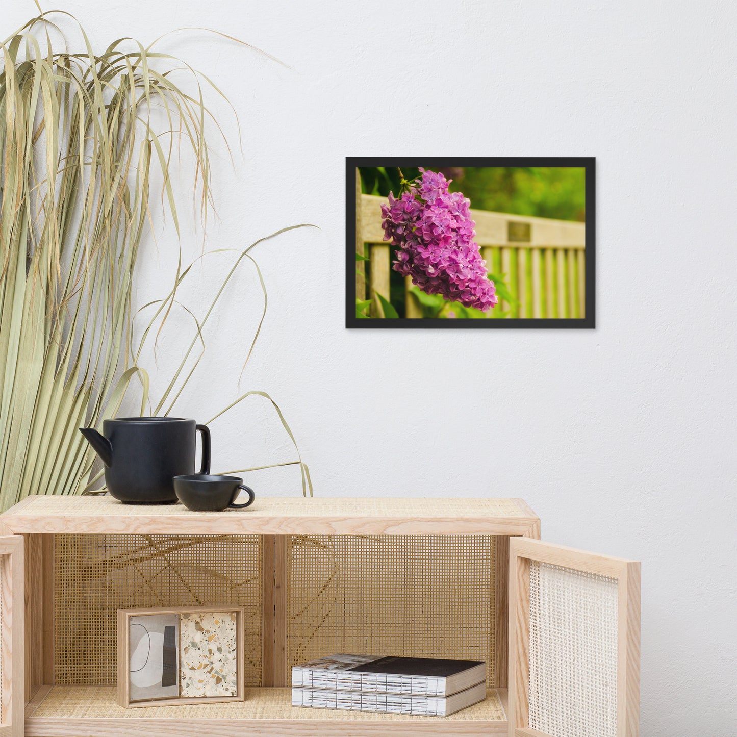 Park Bench with Lilac Floral Nature Photo Framed Wall Art Print