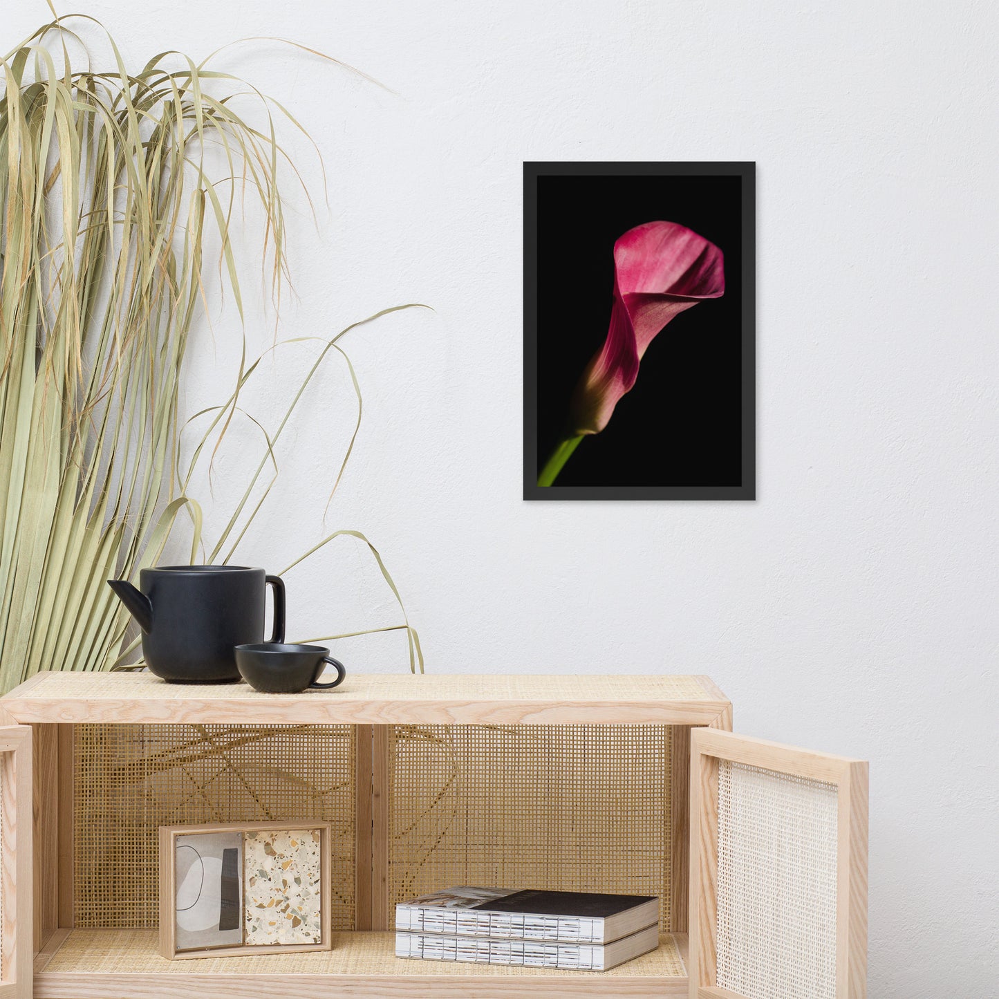 Pink Calla Lily Flower on Black Floral Nature Photo Framed Wall Art Print