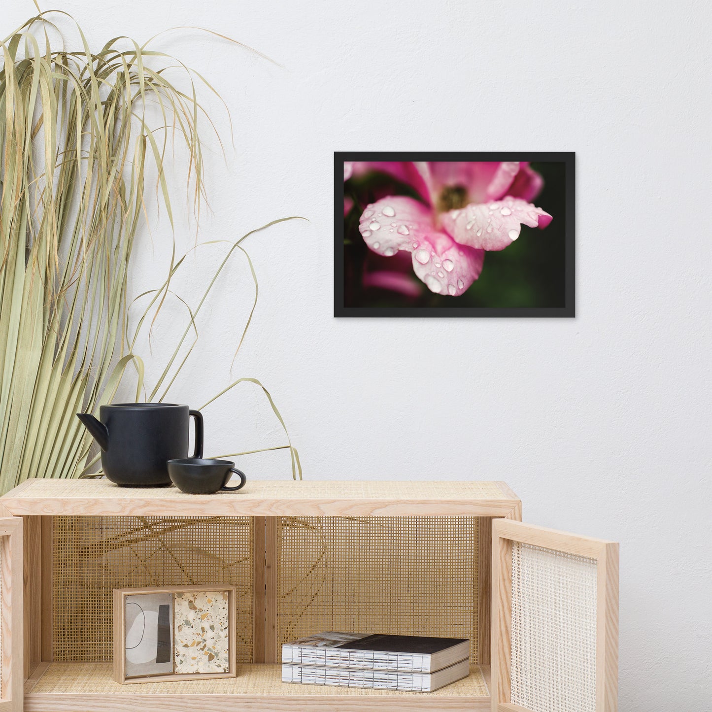 Raindrops on Wild Rose Color Floral Nature Photo Framed Wall Art Print