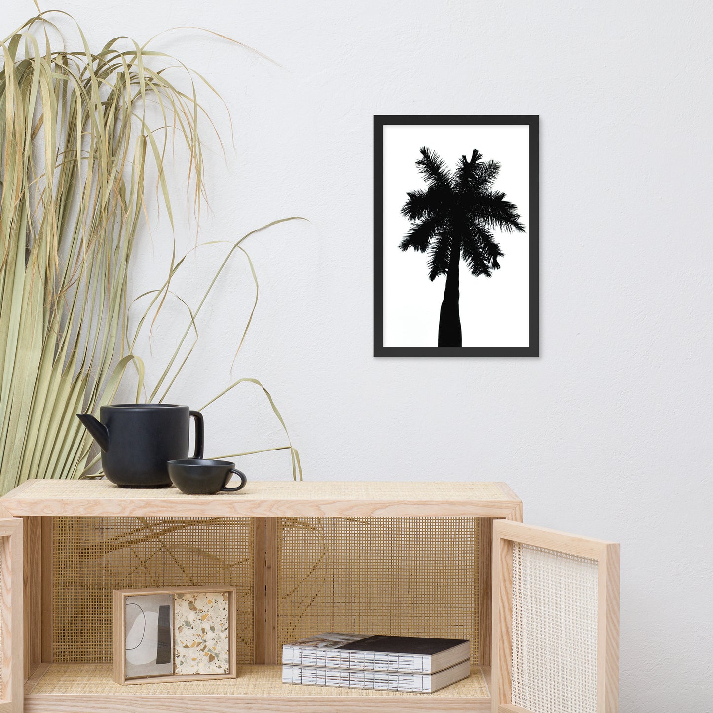 Palm Tree Silhouette on Pure White Botanical Nature Photo Framed Wall Art Print