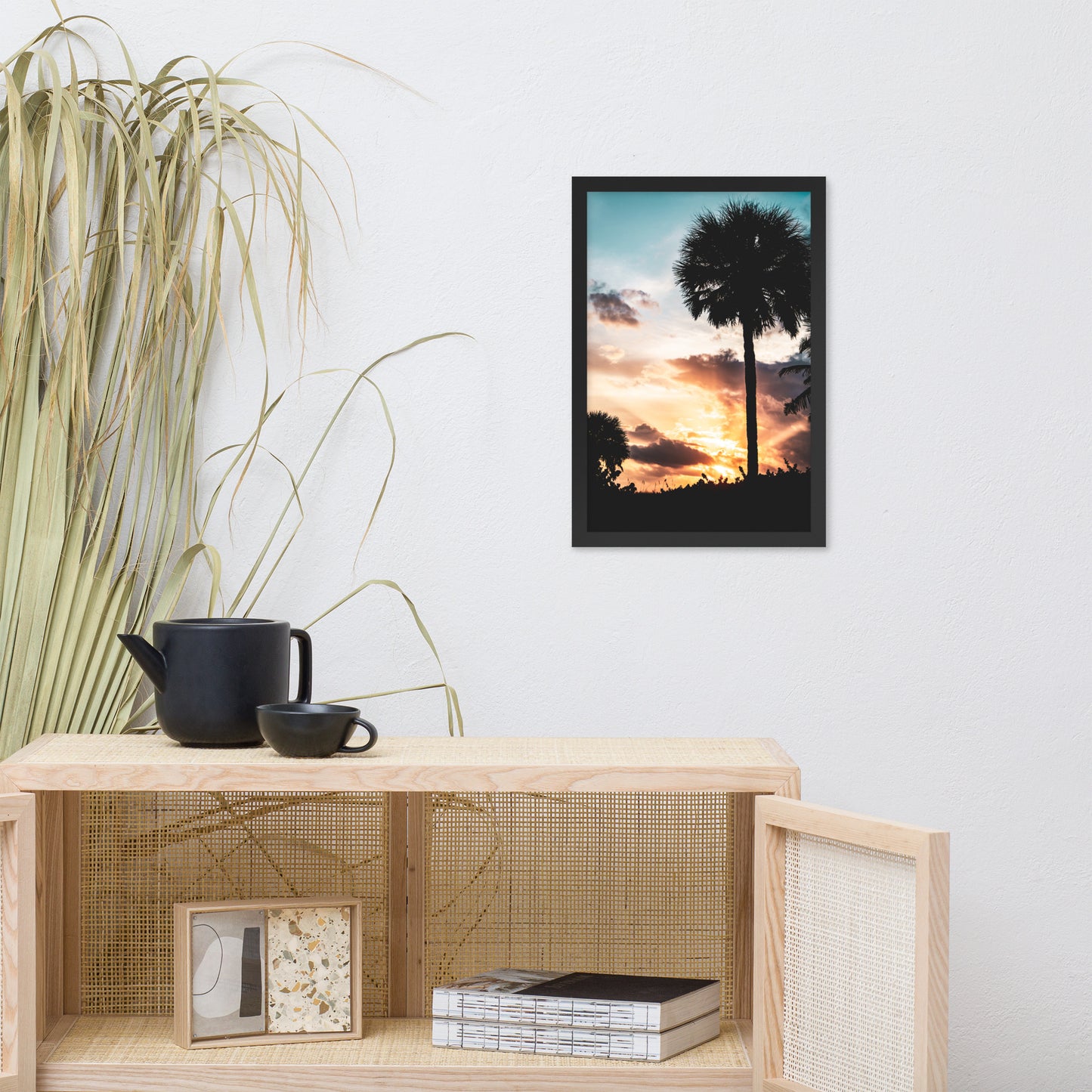 Palm Tree Silhouettes and Sunset Botanical Nature Photo Framed Wall Art Print