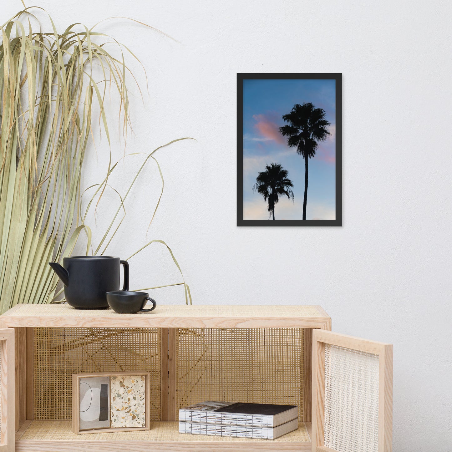 Palm Tree Silhouettes on Blue Sky Botanical Nature Photo Framed Wall Art Print