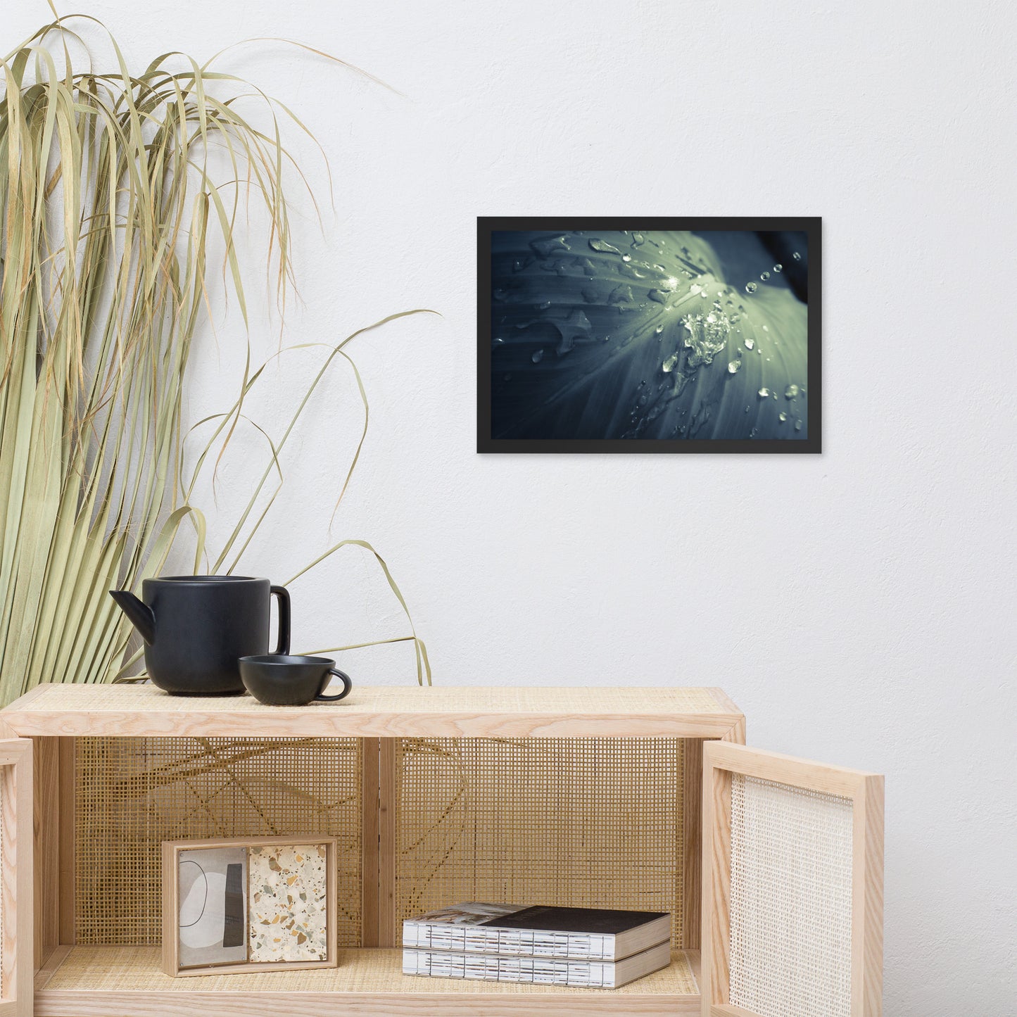 Rain Dropping on Canna Leaf Botanical Nature Photo Framed Wall Art Print