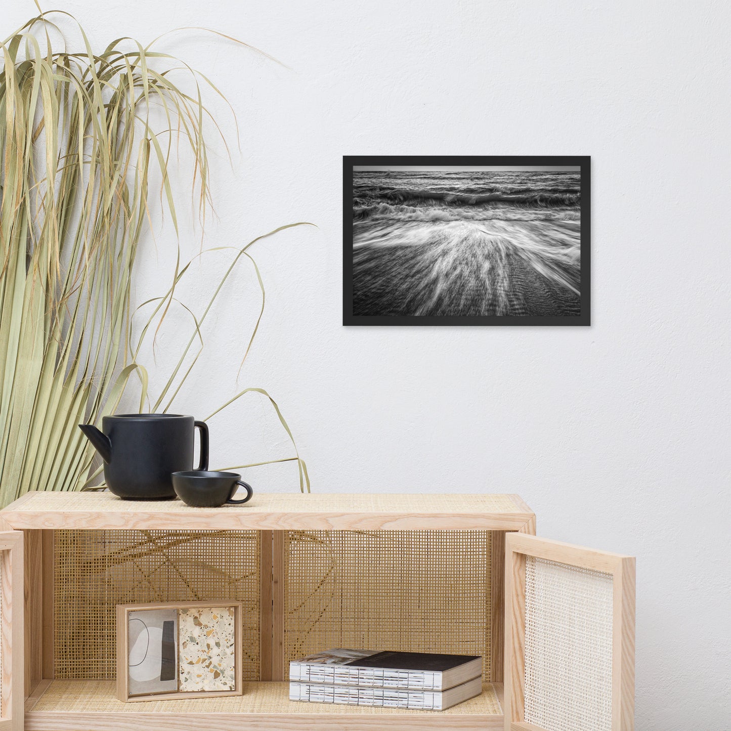 Washing Out to Sea Black and White Coastal Nature Photo Framed Wall Art Print